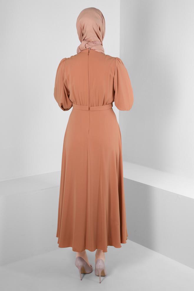 Tesettür giyim PEMBE TAŞ İŞLEMELİ BALON KOL ELBİSE 43590 - ALVİNA