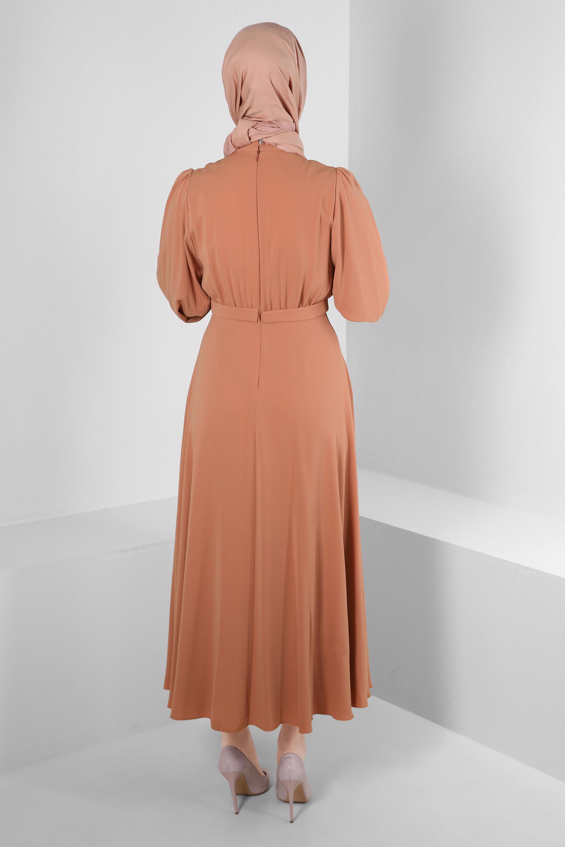 Tesettür giyim PEMBE TAŞ İŞLEMELİ BALON KOL ELBİSE 43590