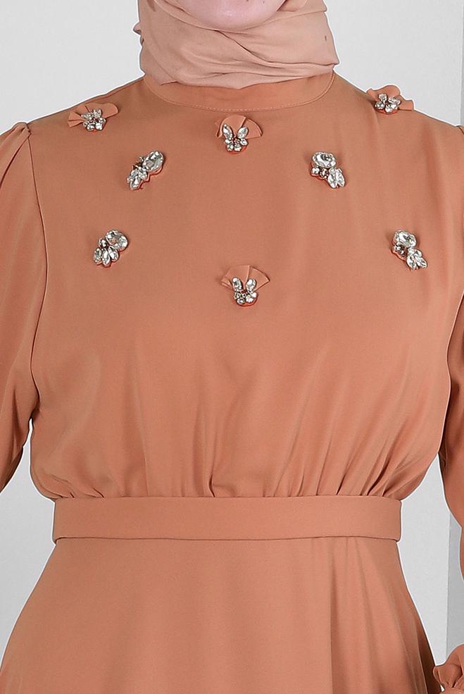 Tesettür giyim PEMBE TAŞ İŞLEMELİ BALON KOL ELBİSE 43590 - ALVİNA