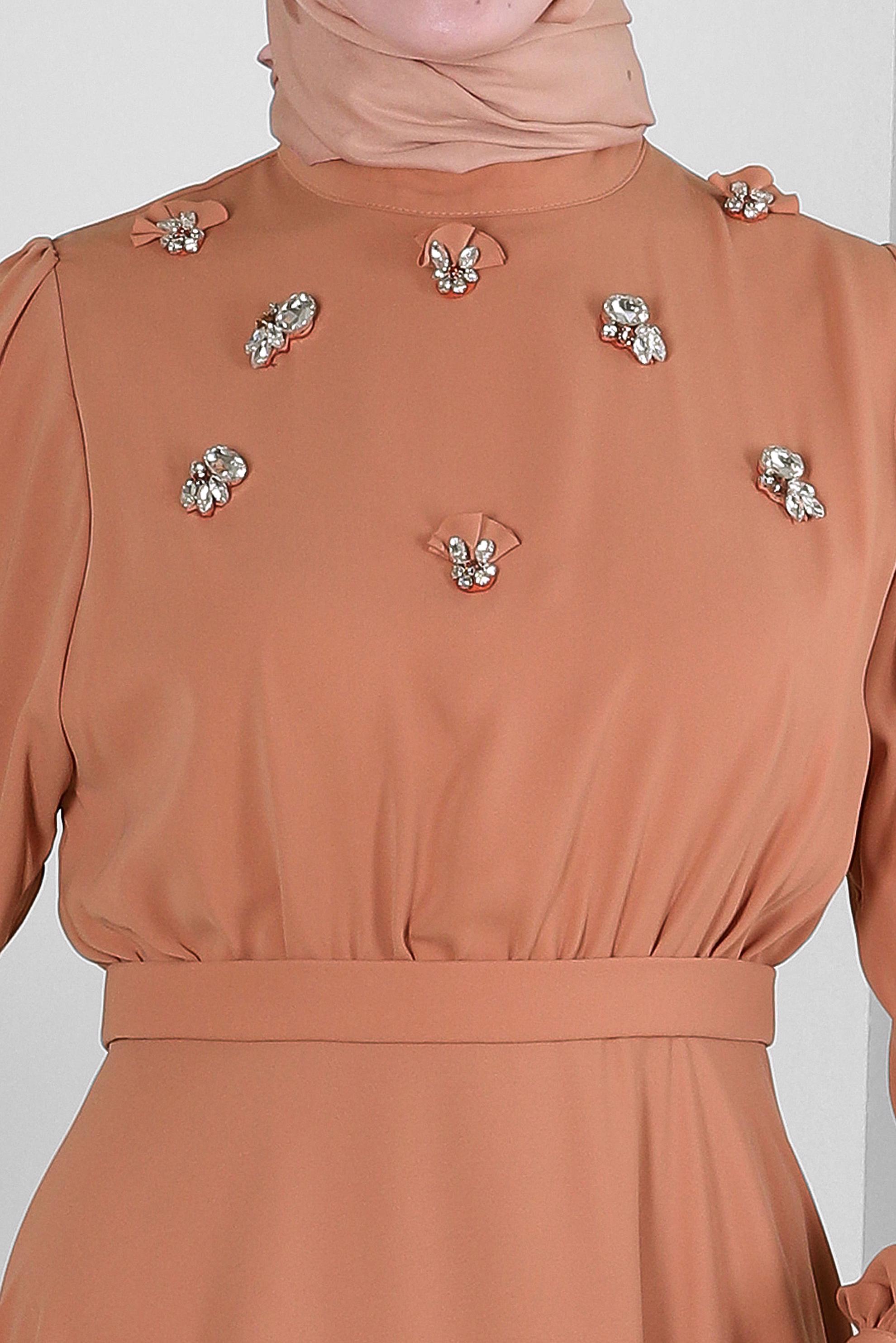 Tesettür giyim PEMBE TAŞ İŞLEMELİ BALON KOL ELBİSE 43590