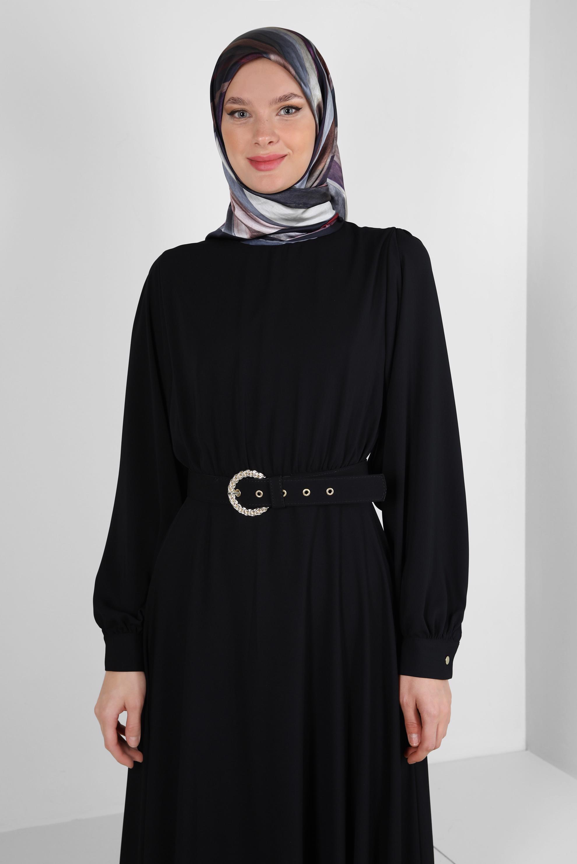Tesettür giyim SİYAH GENİŞ KOL VOLANLI ELBİSE 43591