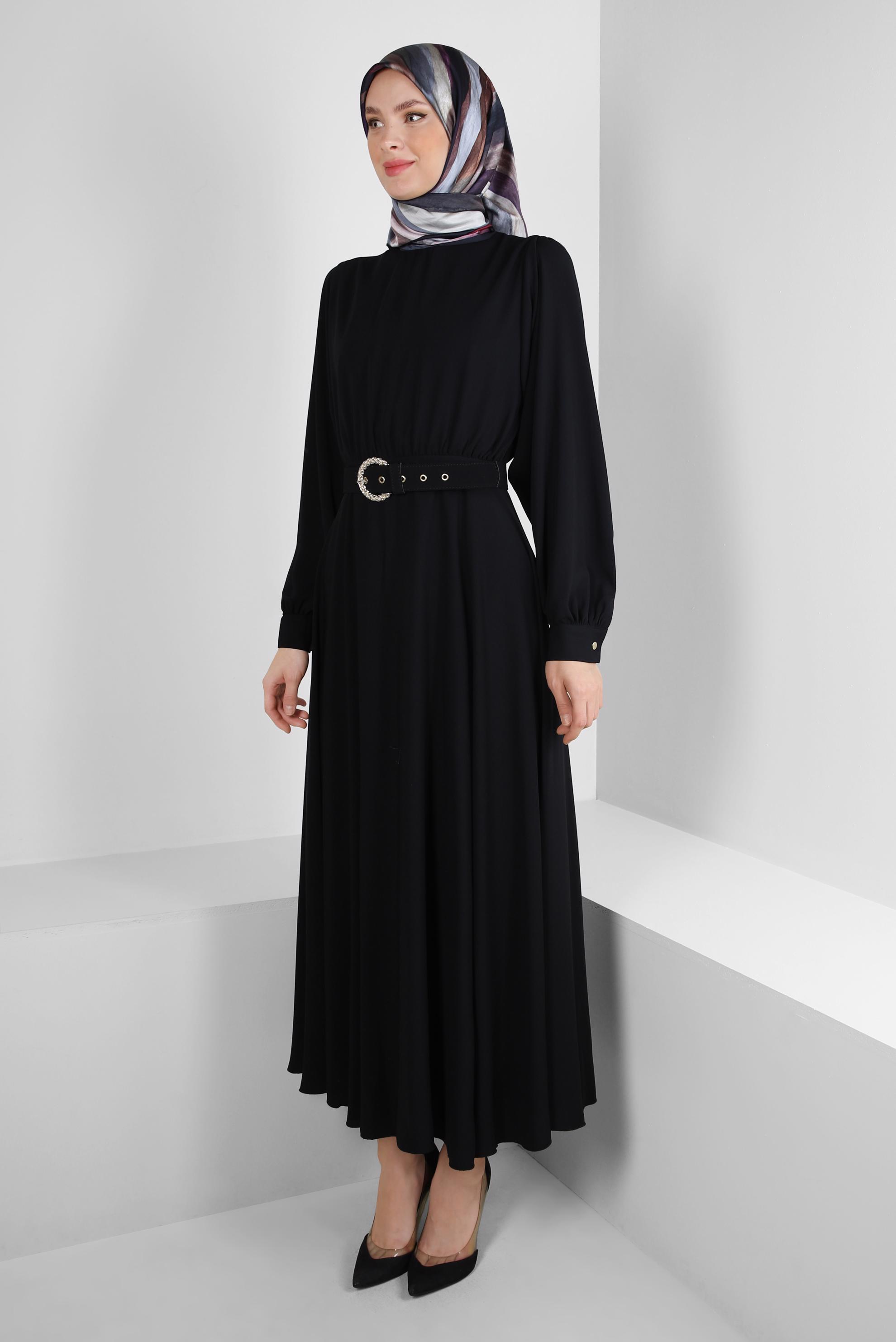 Tesettür giyim SİYAH GENİŞ KOL VOLANLI ELBİSE 43591