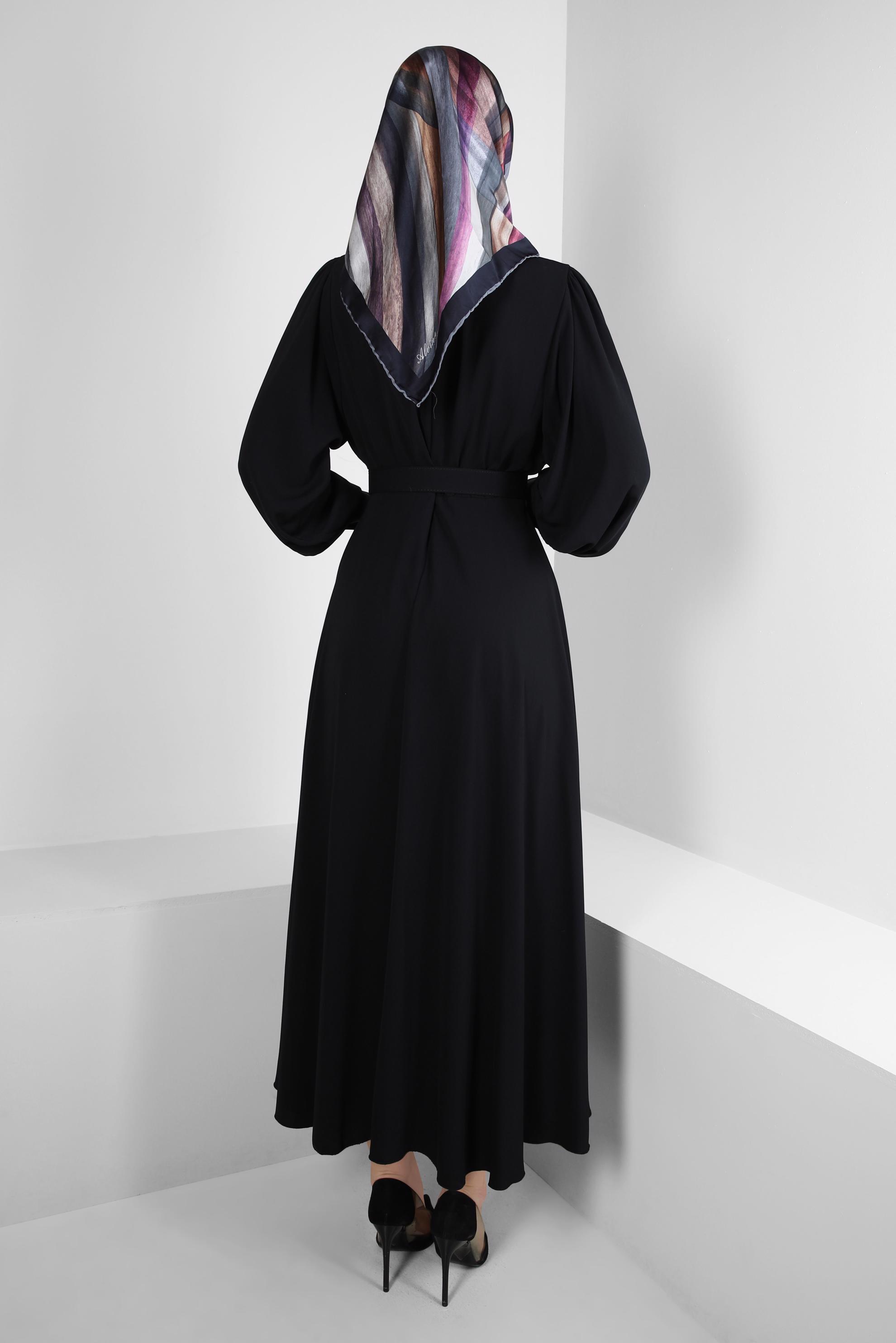 Tesettür giyim SİYAH GENİŞ KOL VOLANLI ELBİSE 43591