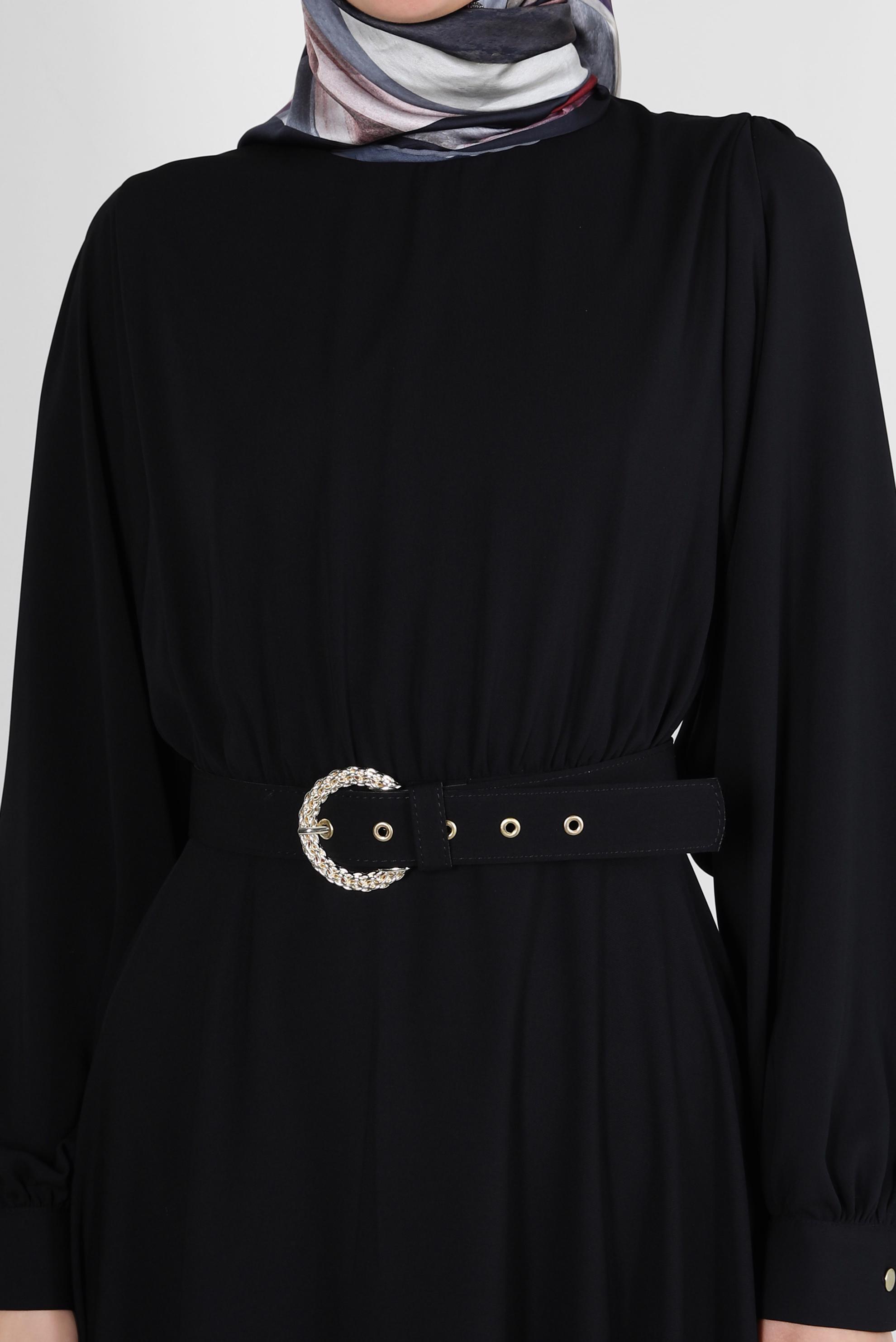 Tesettür giyim SİYAH GENİŞ KOL VOLANLI ELBİSE 43591