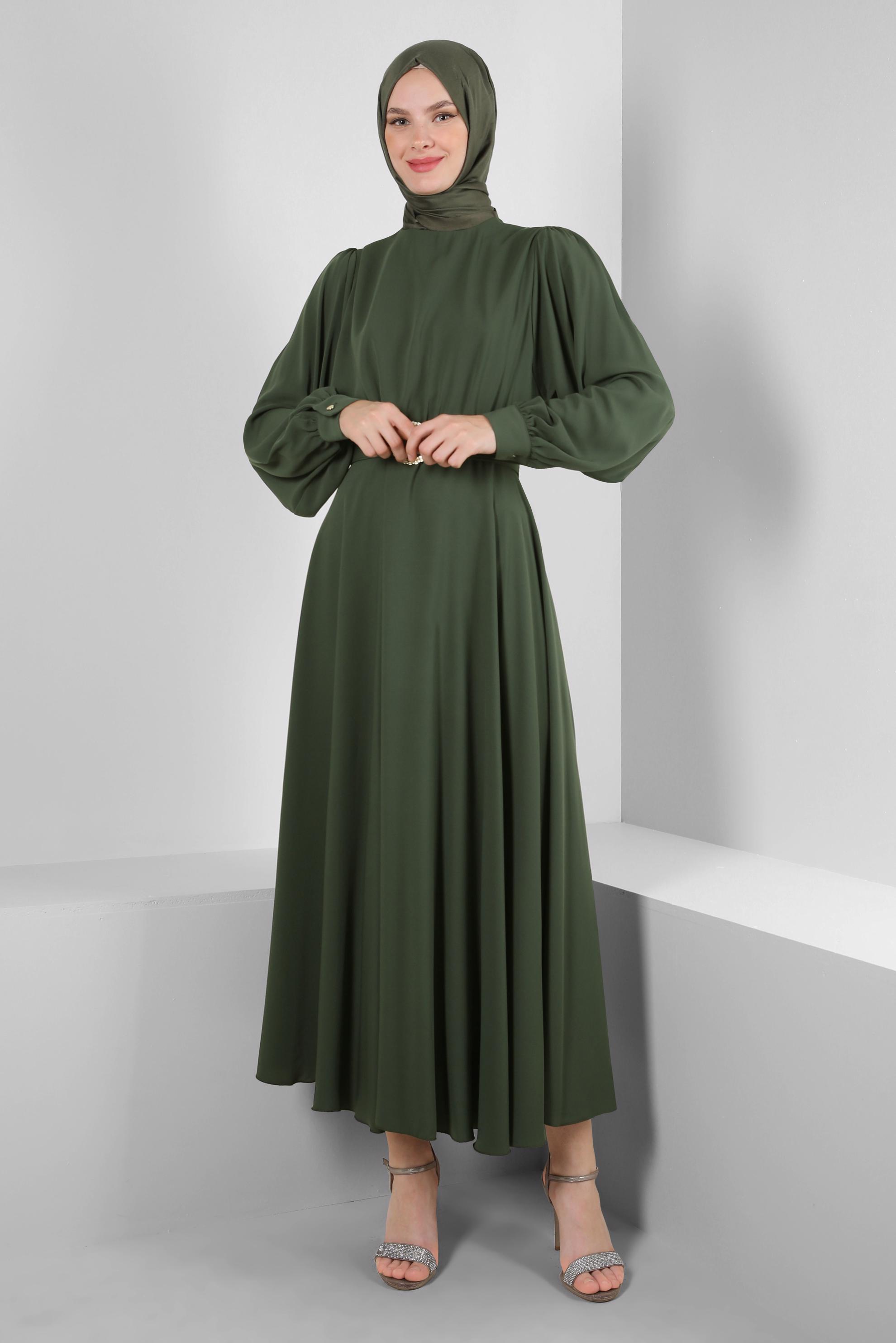 Tesettür giyim HAKİ GENİŞ KOL VOLANLI ELBİSE 43591