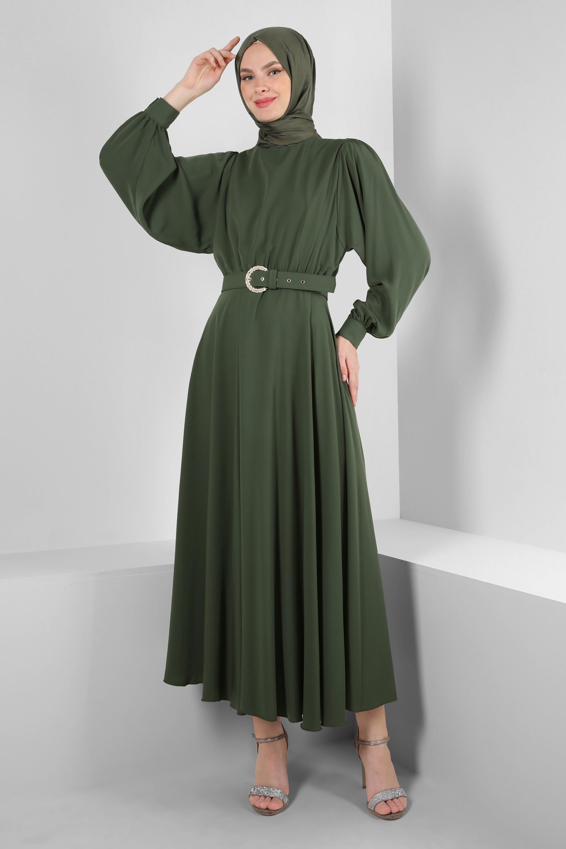 Tesettür giyim HAKİ GENİŞ KOL VOLANLI ELBİSE 43591