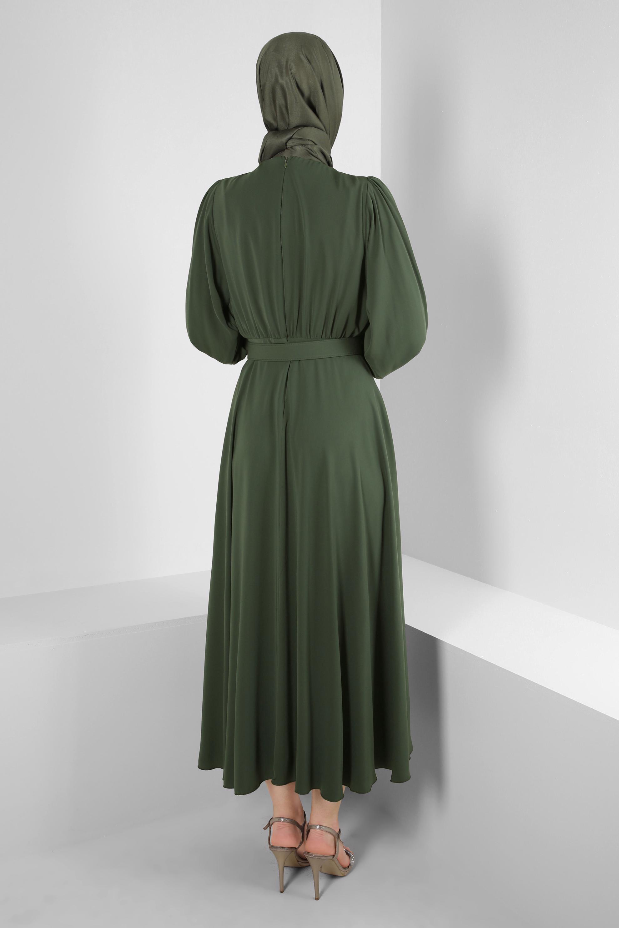 Tesettür giyim HAKİ GENİŞ KOL VOLANLI ELBİSE 43591