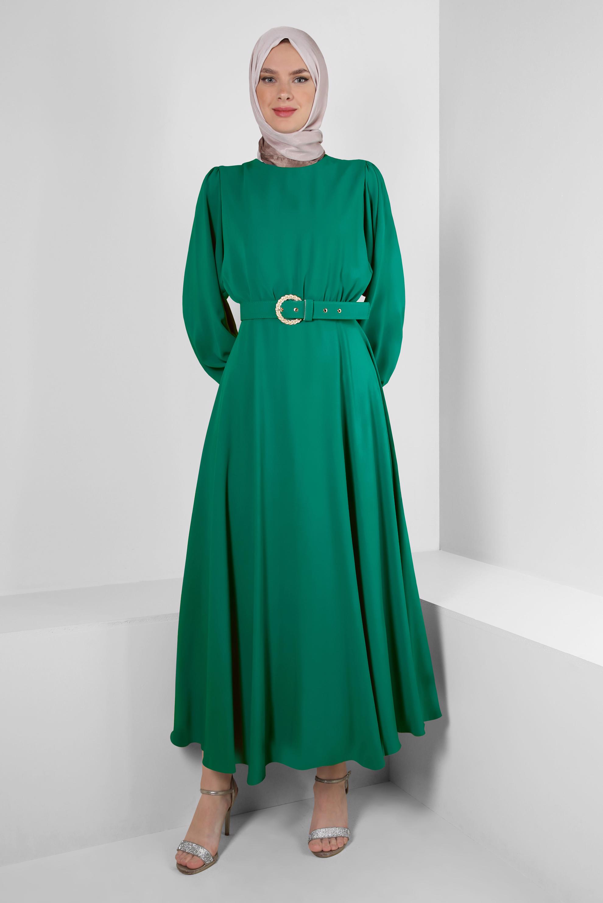 Tesettür giyim YEŞİL GENİŞ KOL VOLANLI ELBİSE 43591