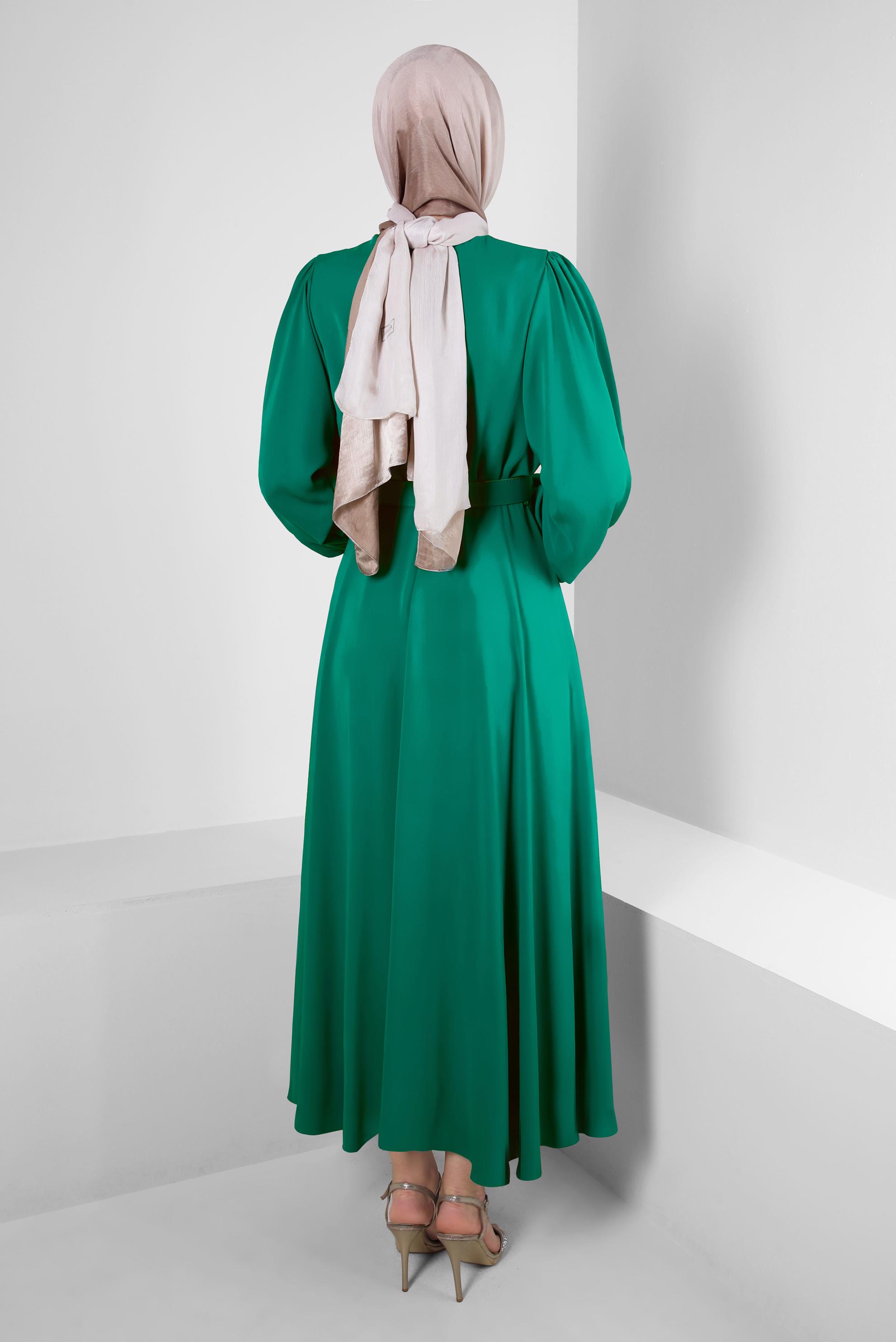 Tesettür giyim YEŞİL GENİŞ KOL VOLANLI ELBİSE 43591