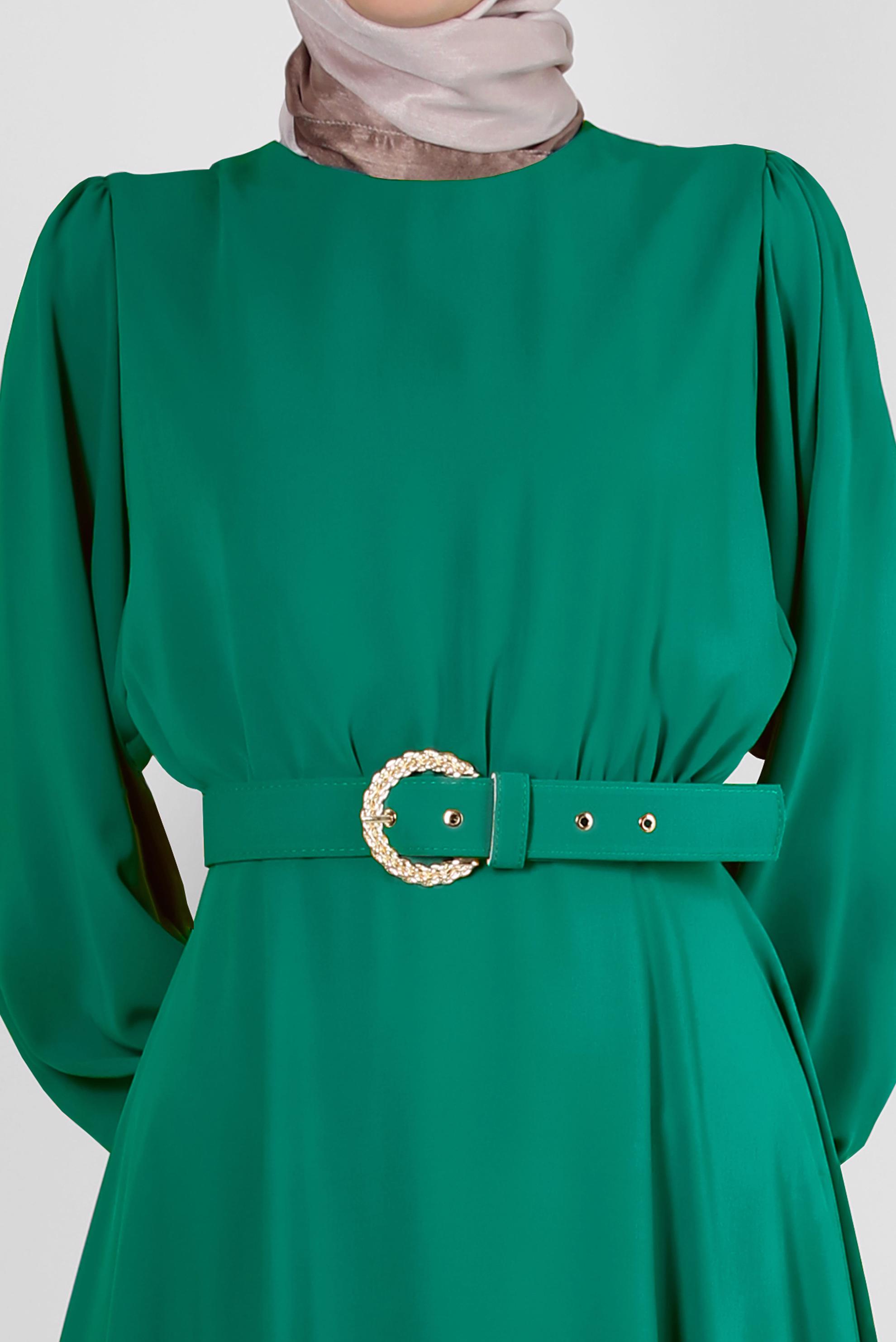 Tesettür giyim YEŞİL GENİŞ KOL VOLANLI ELBİSE 43591