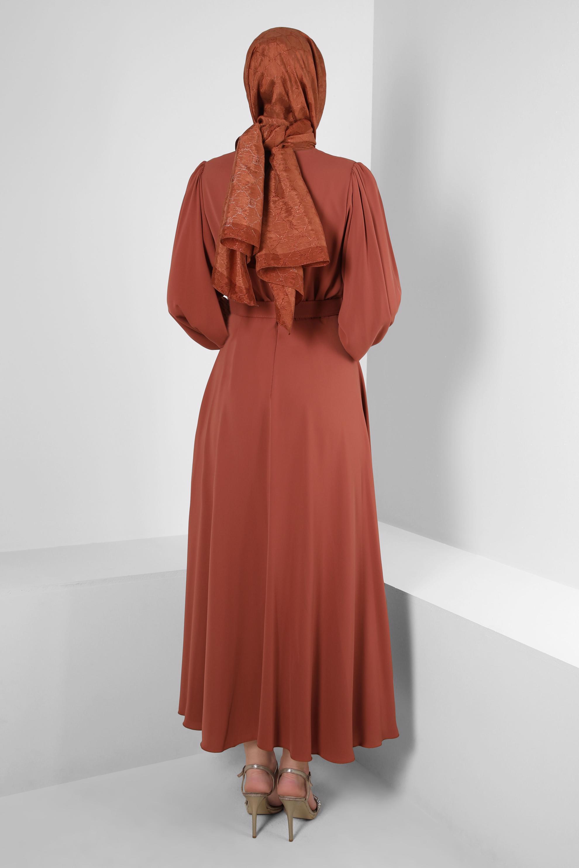 Tesettür giyim TURUNCU GENİŞ KOL VOLANLI ELBİSE 43591