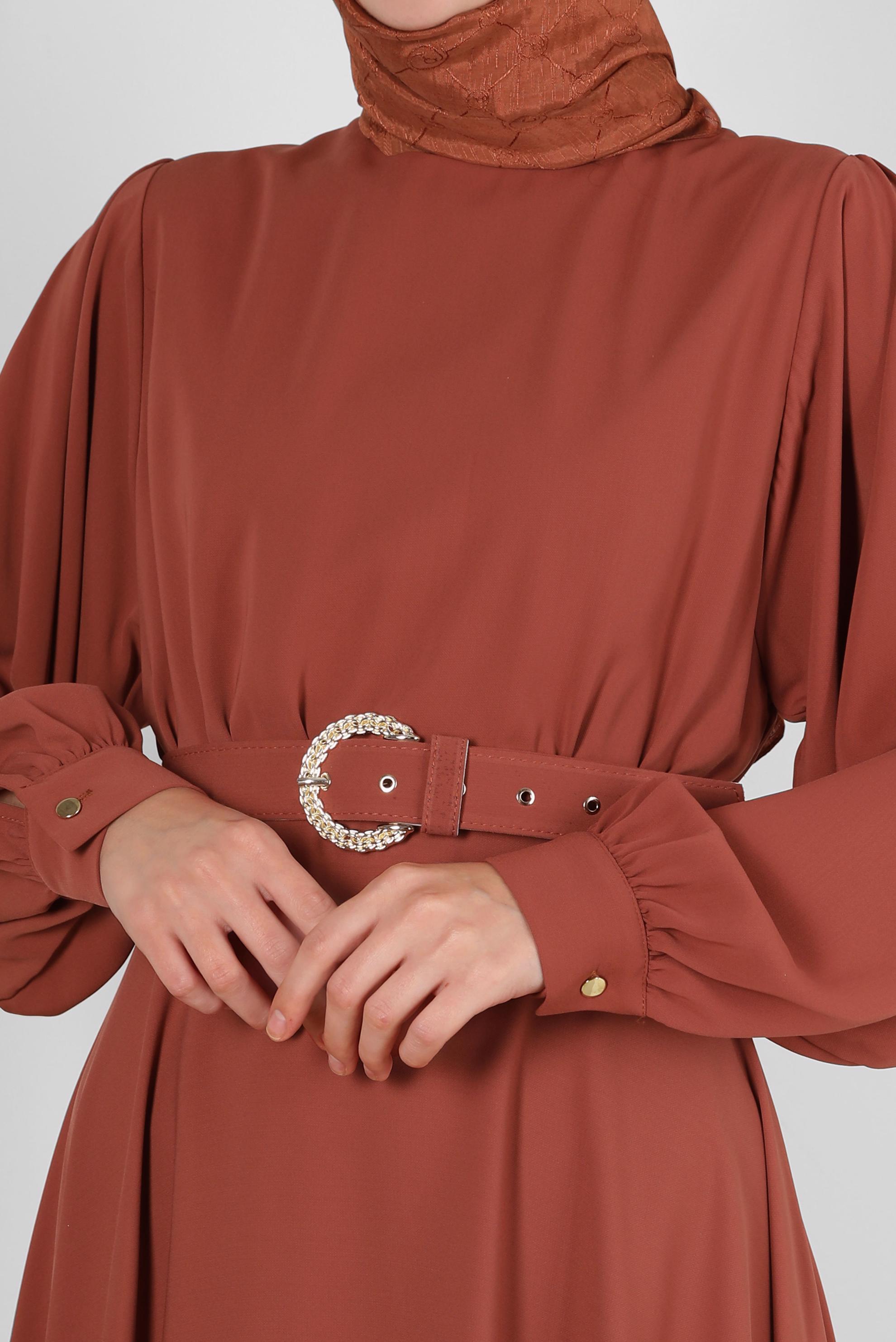 Tesettür giyim TURUNCU GENİŞ KOL VOLANLI ELBİSE 43591