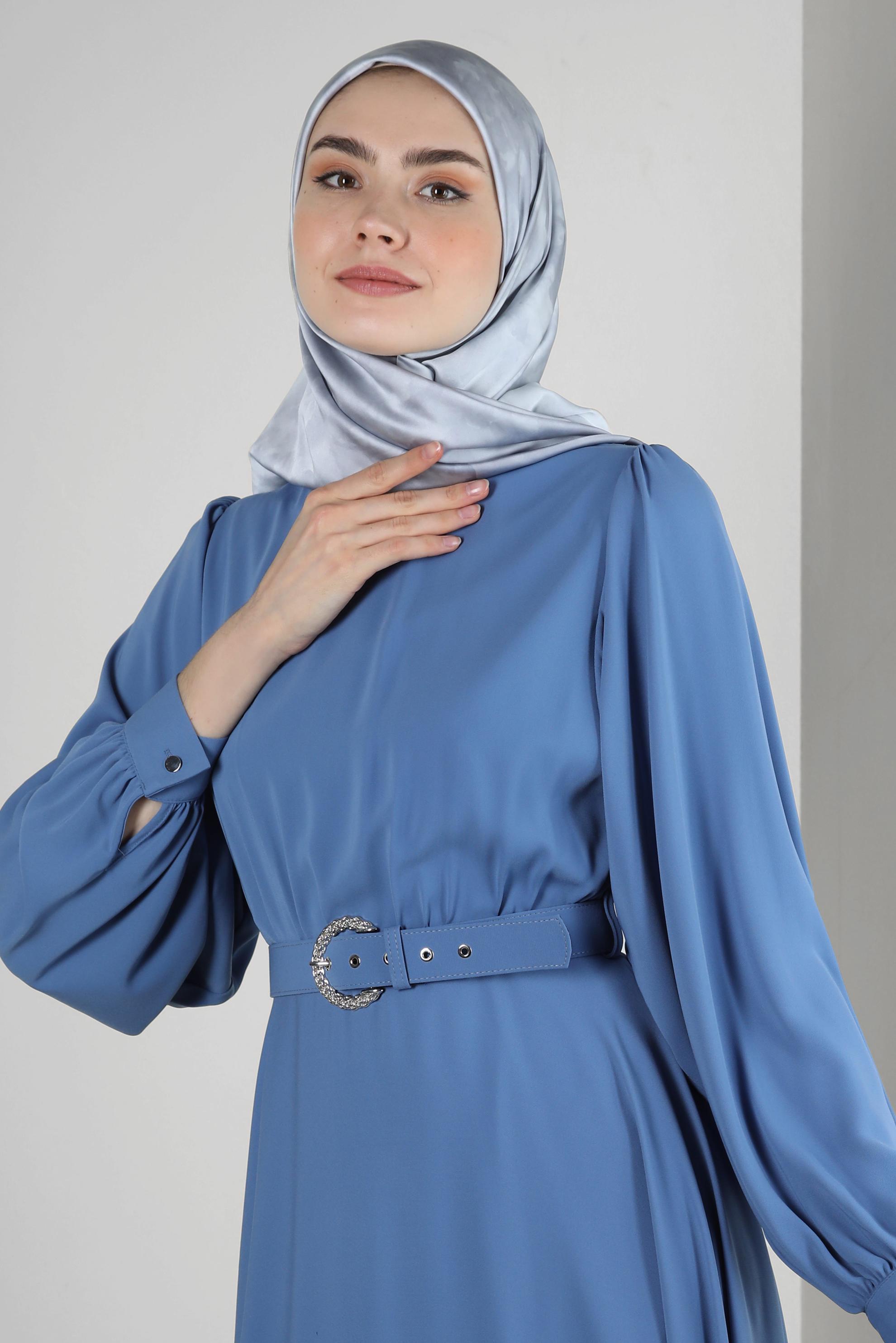 Tesettür giyim MAVİ GENİŞ KOL VOLANLI ELBİSE 43591