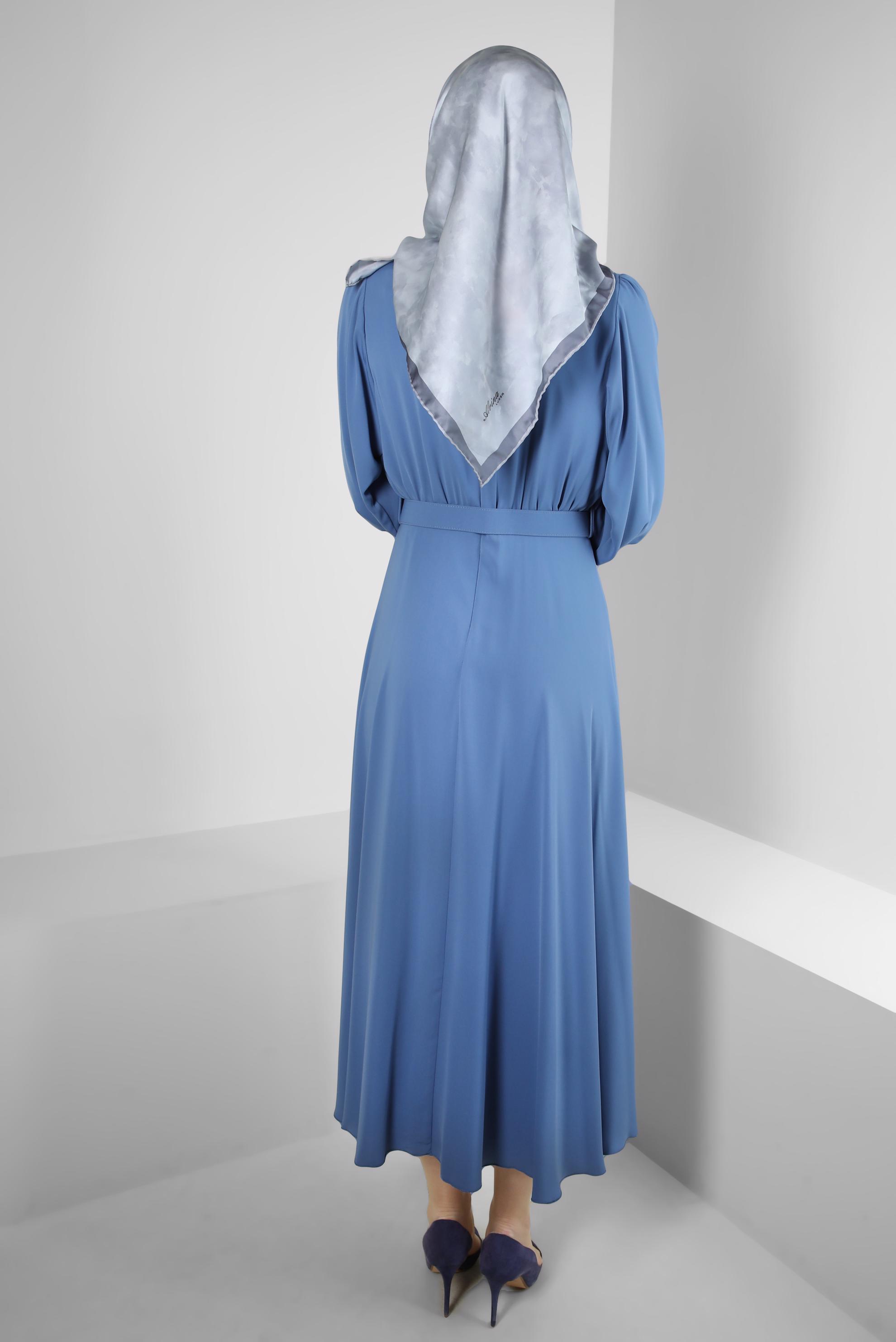 Tesettür giyim MAVİ GENİŞ KOL VOLANLI ELBİSE 43591