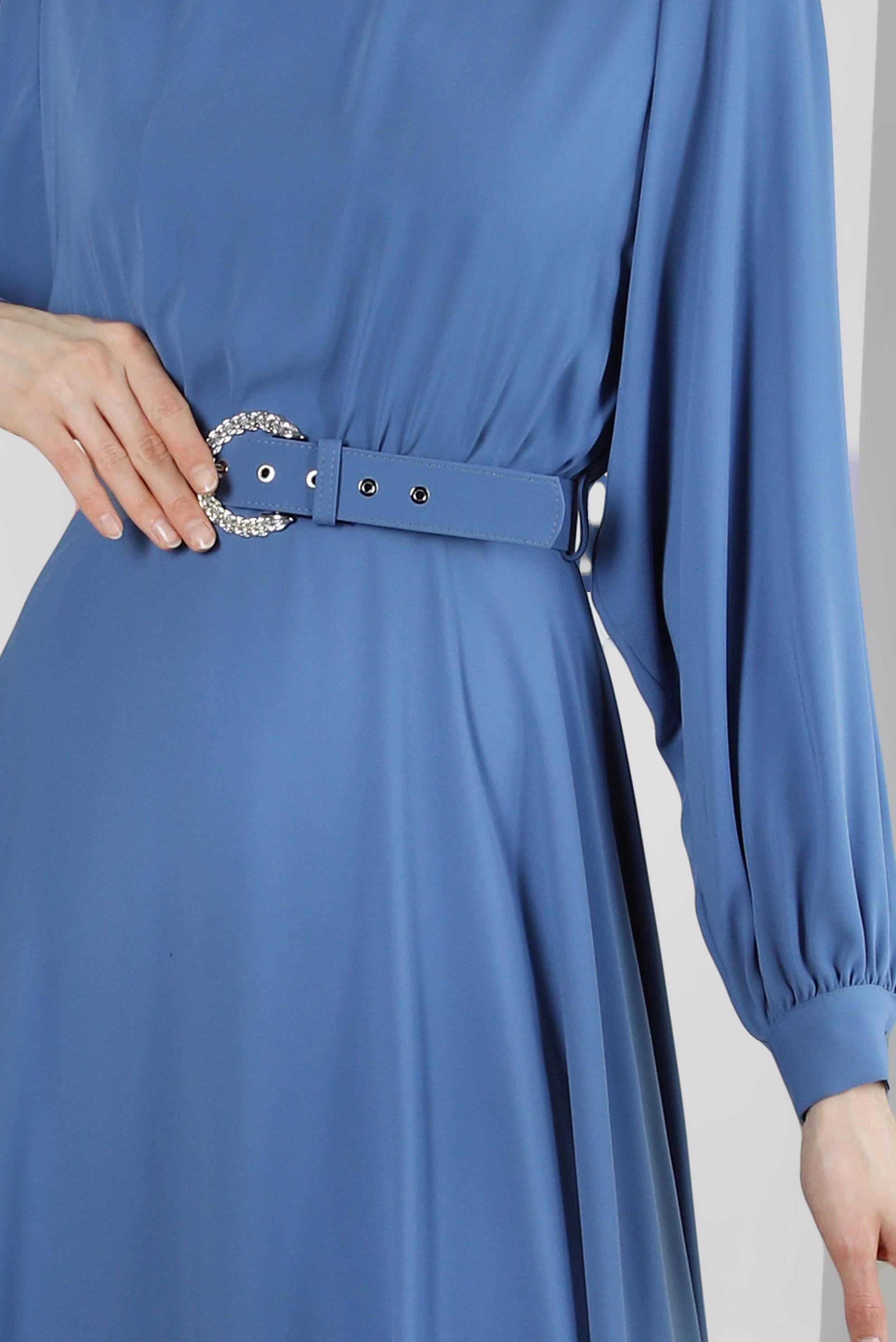 Tesettür giyim MAVİ GENİŞ KOL VOLANLI ELBİSE 43591