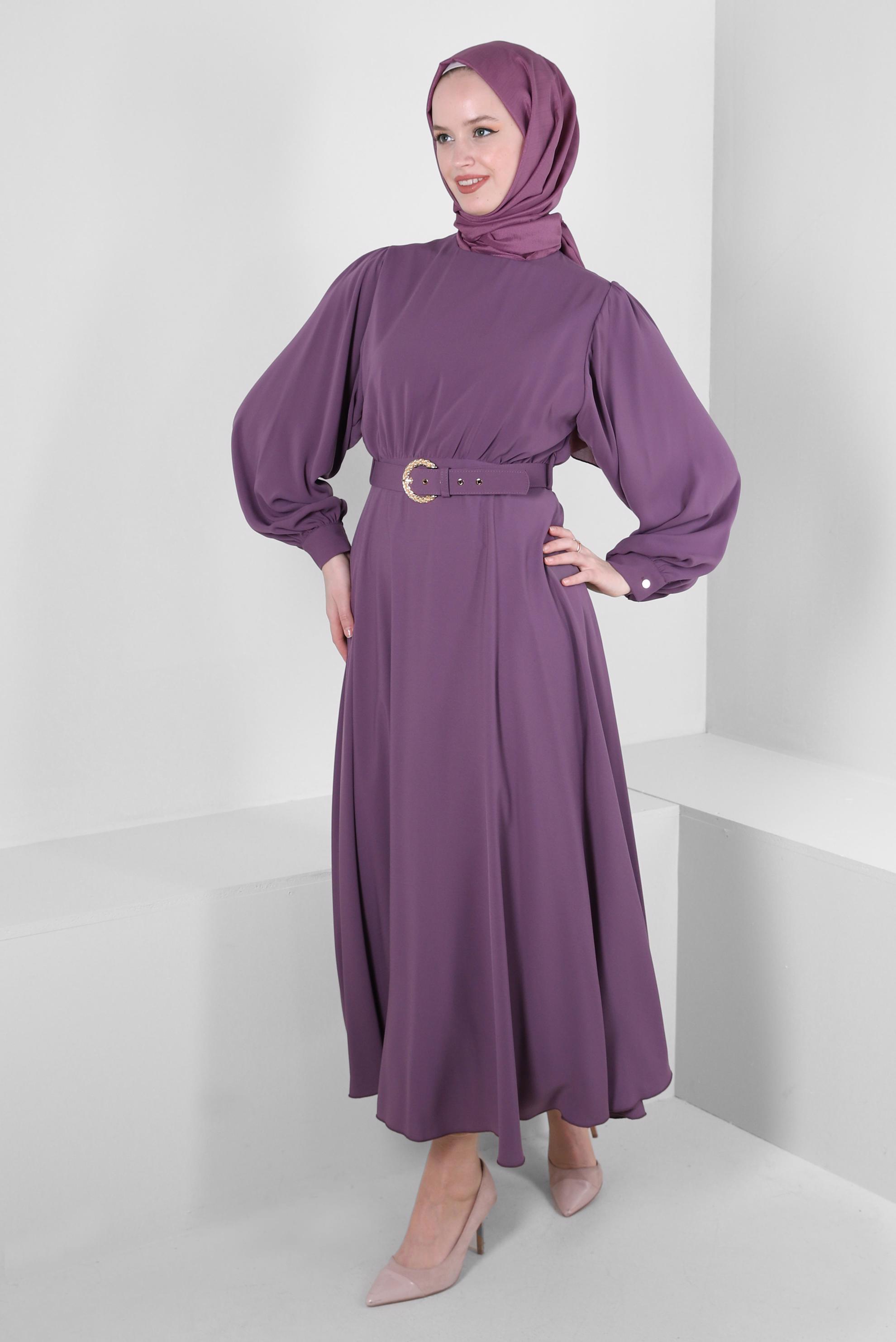 Tesettür giyim MOR GENİŞ KOL VOLANLI ELBİSE 43591