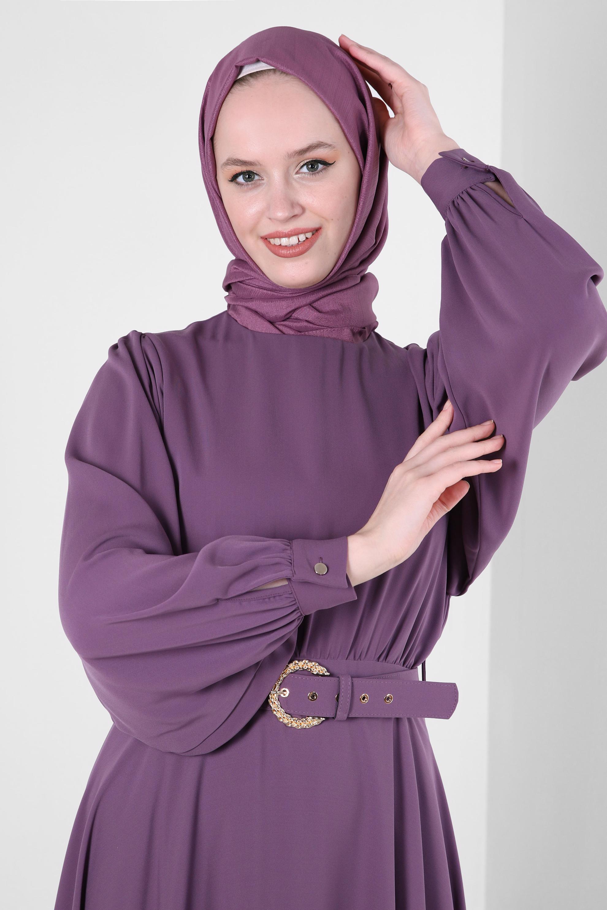 Tesettür giyim MOR GENİŞ KOL VOLANLI ELBİSE 43591