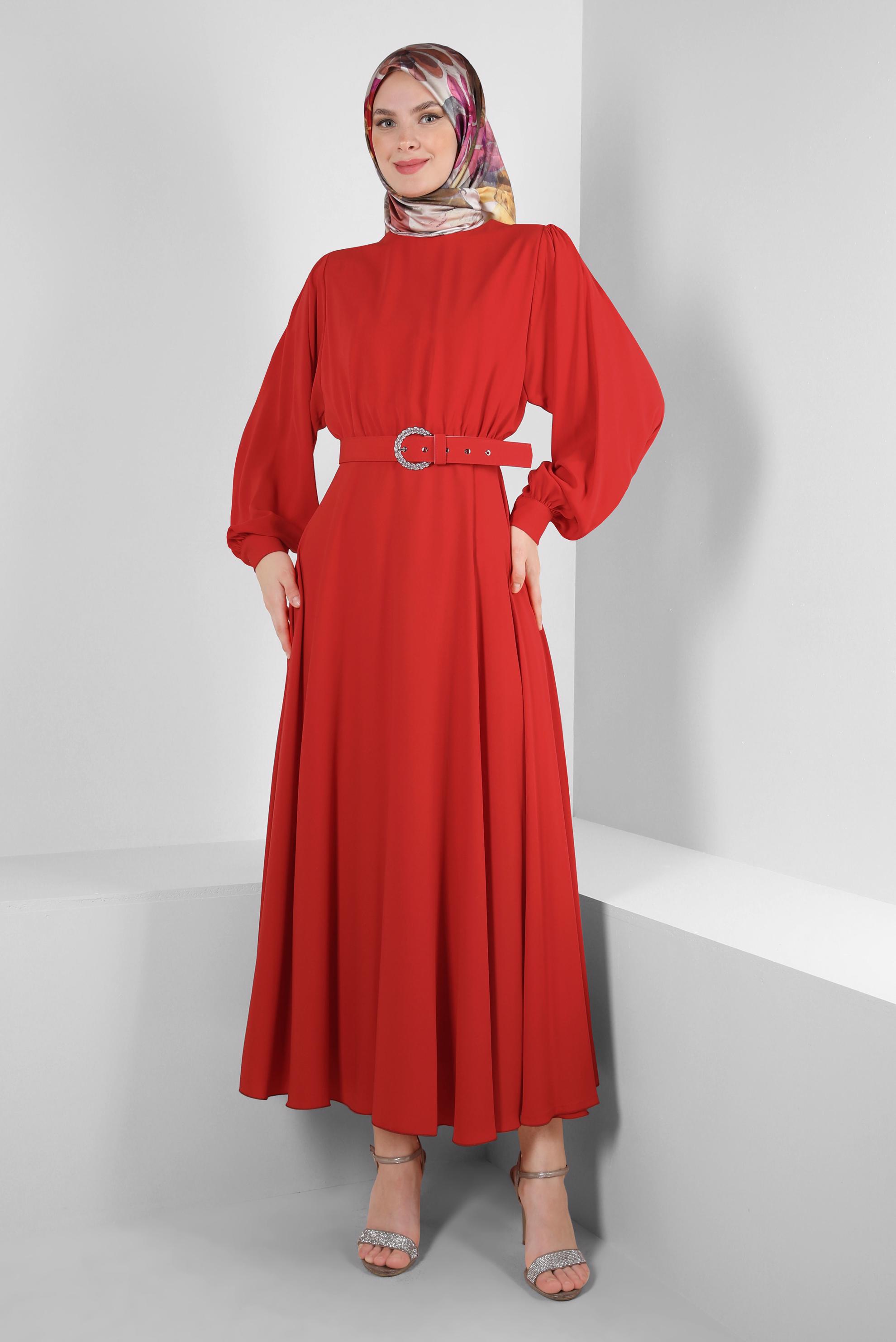 Tesettür giyim KIRMIZI GENİŞ KOL VOLANLI ELBİSE 43591