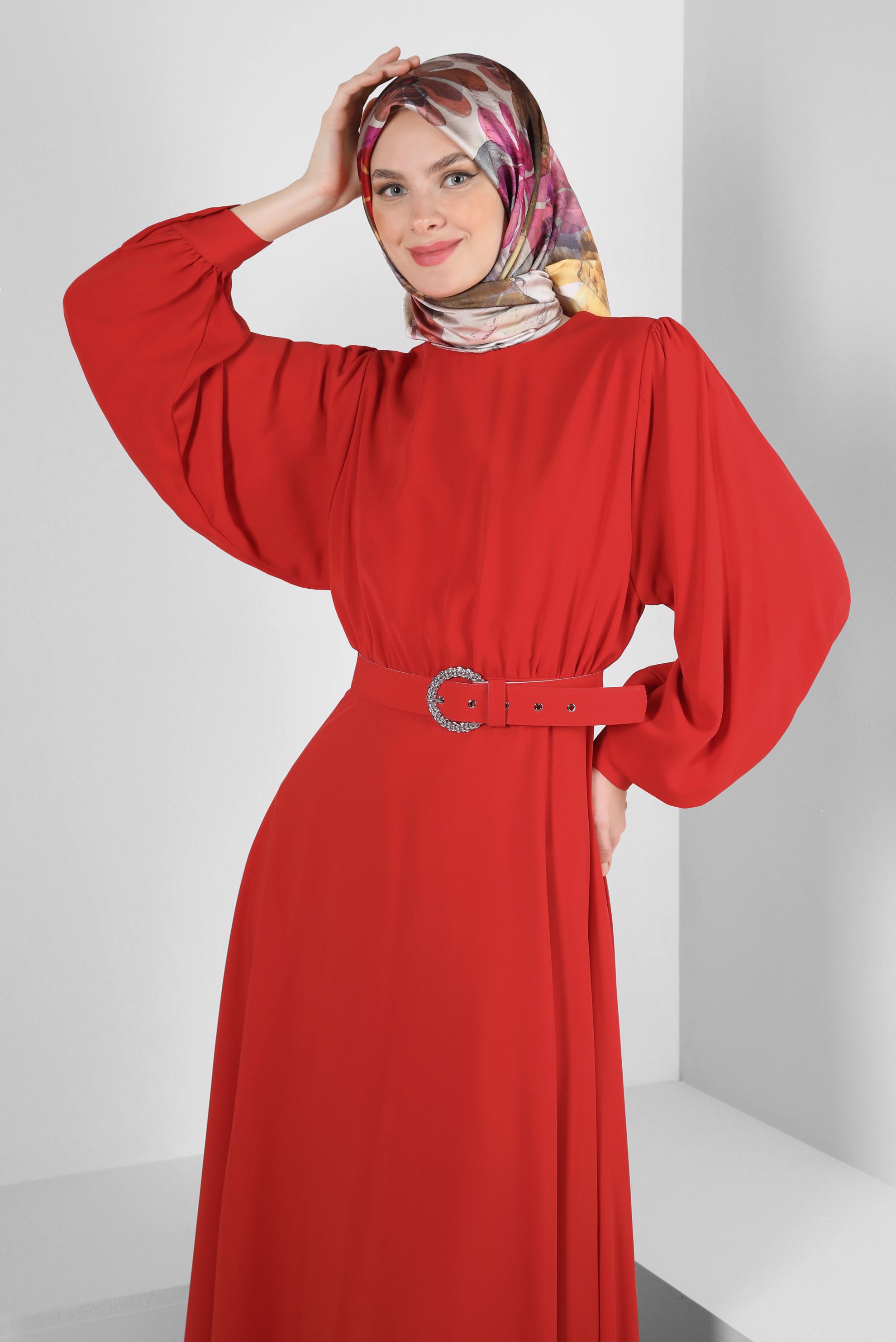 Tesettür giyim KIRMIZI GENİŞ KOL VOLANLI ELBİSE 43591
