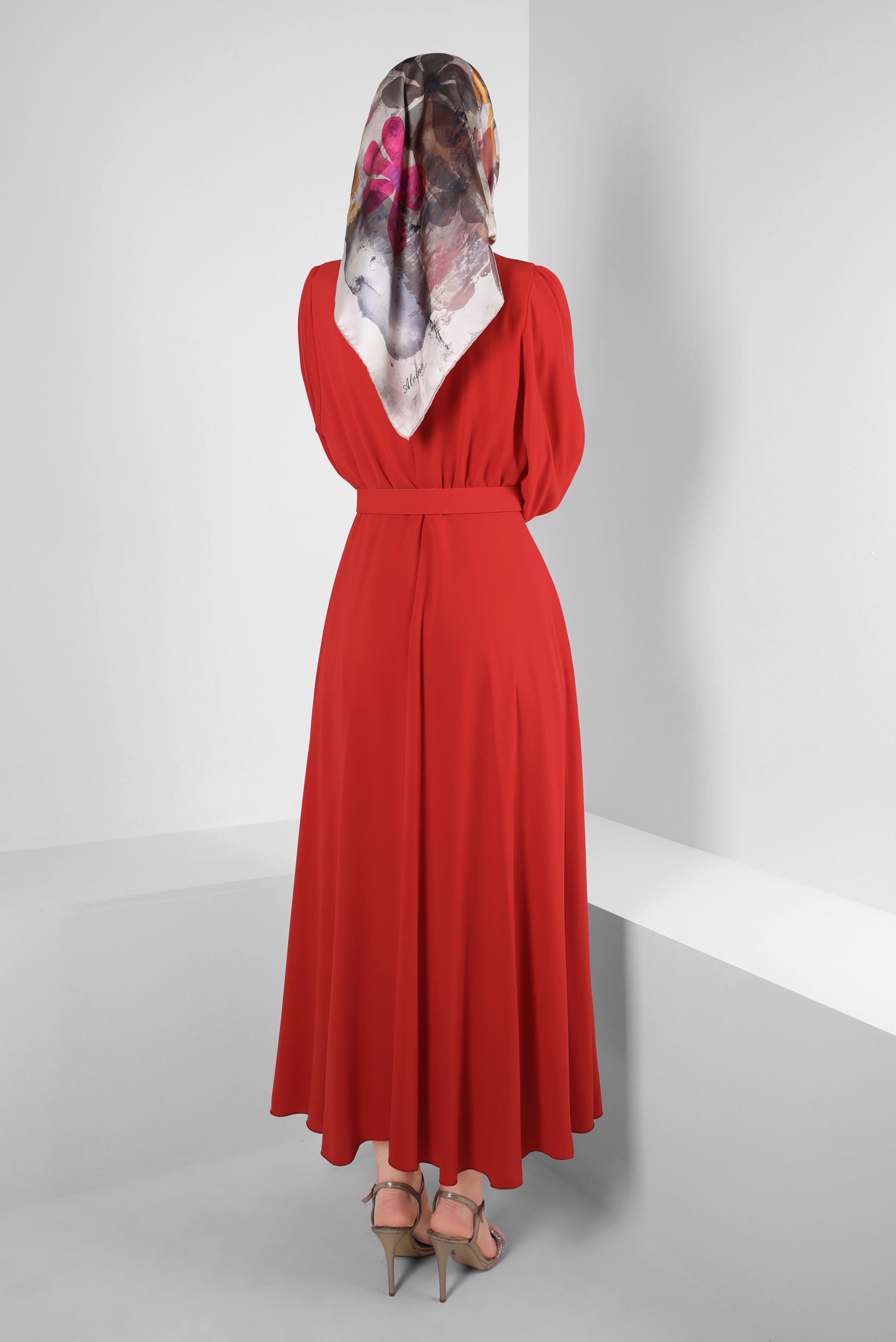 Tesettür giyim KIRMIZI GENİŞ KOL VOLANLI ELBİSE 43591