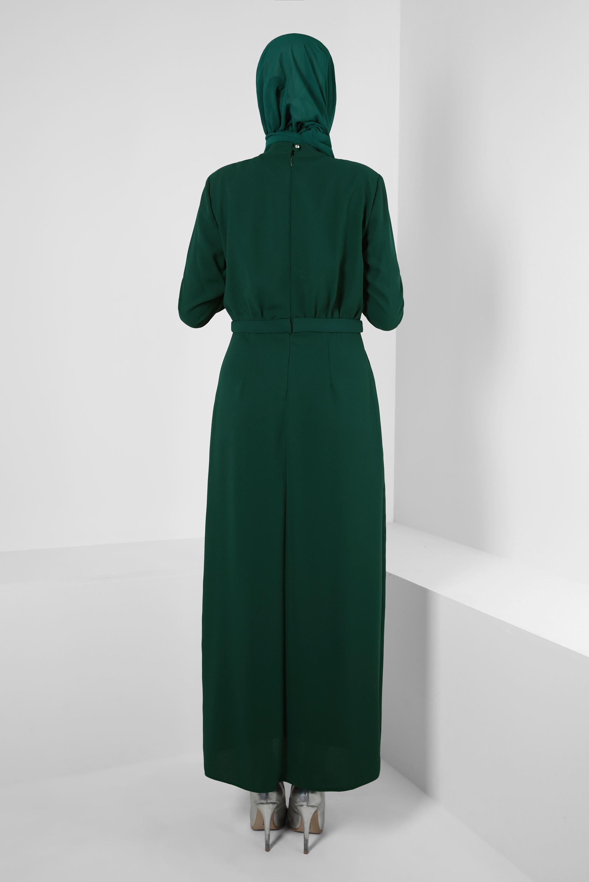 Tesettür giyim MAVİ YAKASI TAŞ DETAYLI KREP ELBİSE 43614