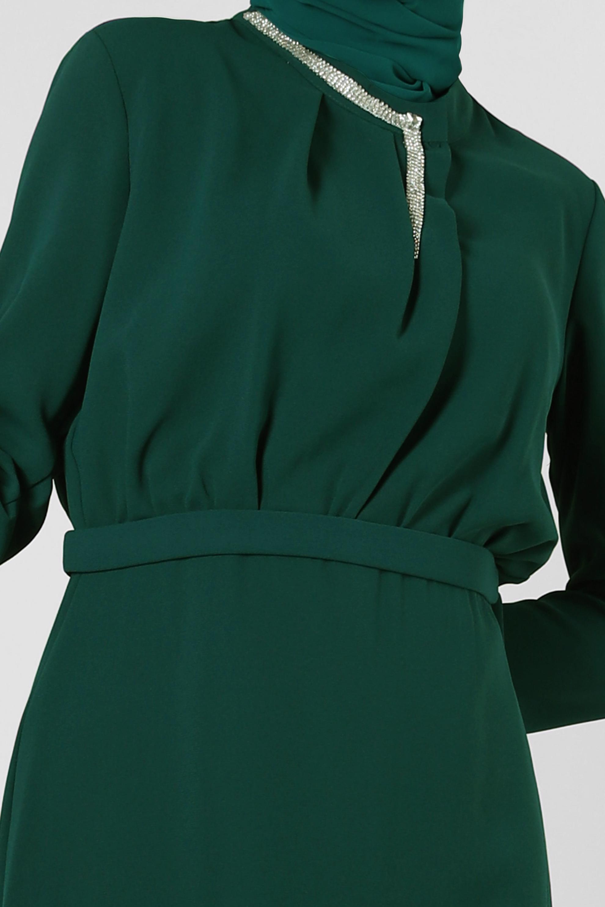 Tesettür giyim MAVİ YAKASI TAŞ DETAYLI KREP ELBİSE 43614