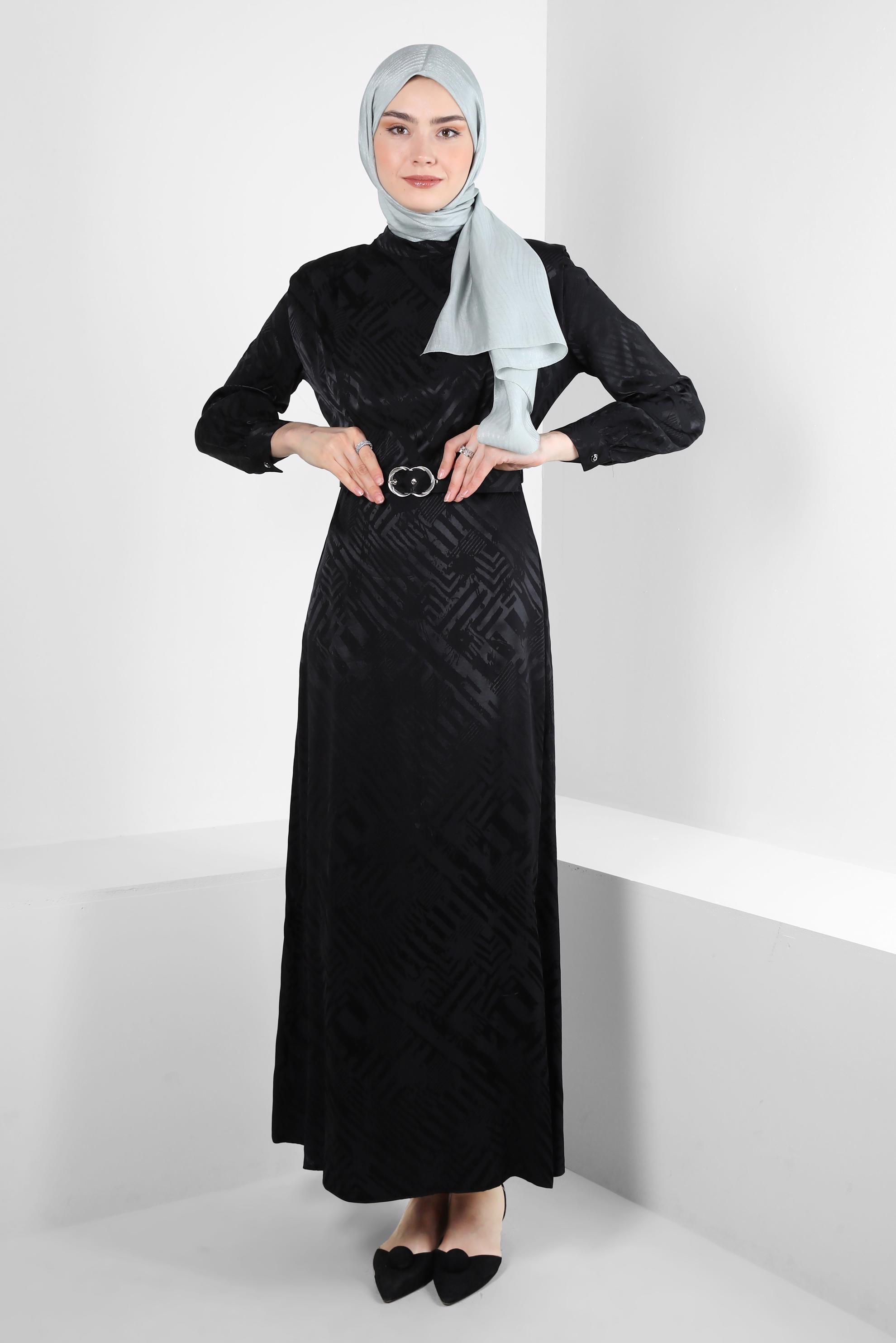 Tesettür giyim SİYAH KEMERLİ JAKAR SATEN ELBİSE 43615