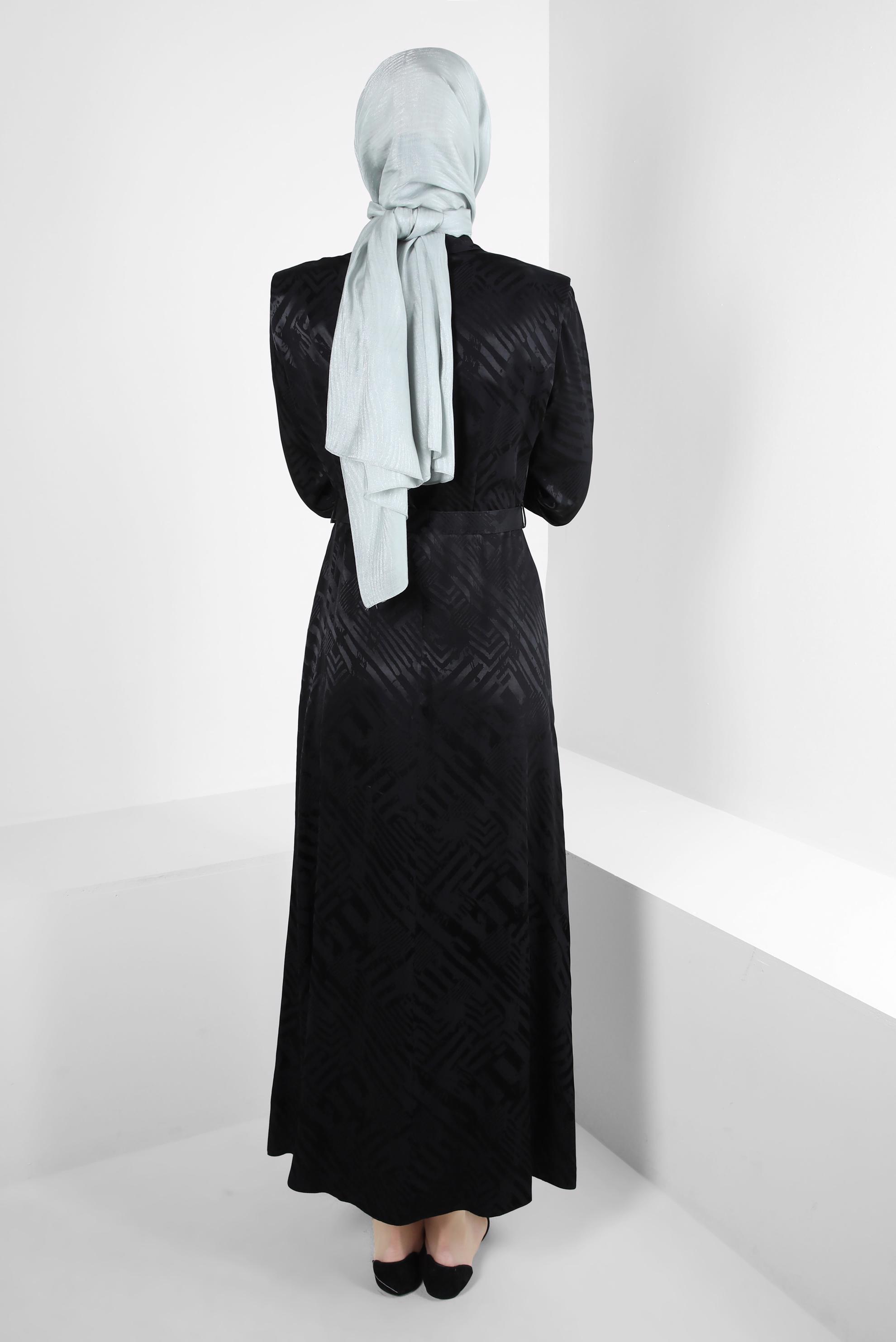 Tesettür giyim SİYAH KEMERLİ JAKAR SATEN ELBİSE 43615