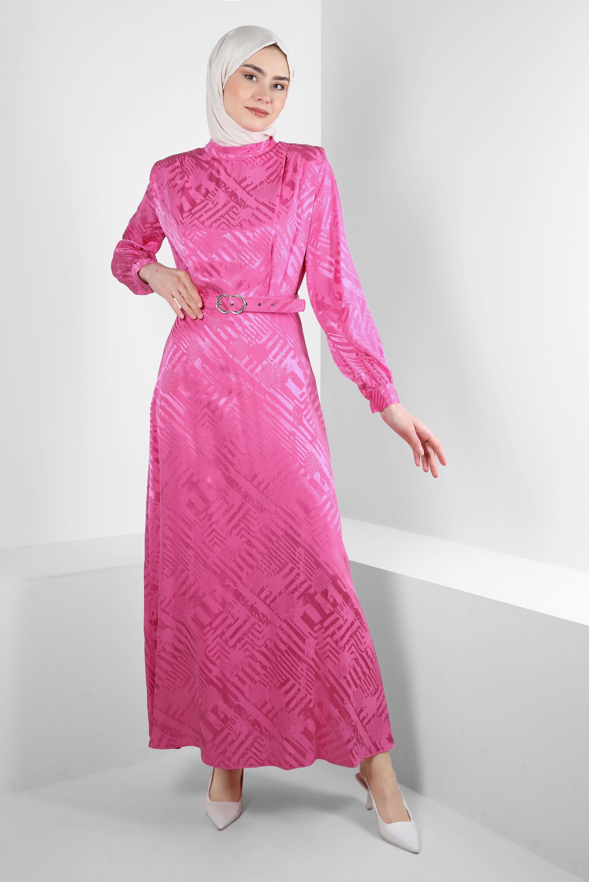 Tesettür giyim FUŞYA KEMERLİ JAKAR SATEN ELBİSE 43615