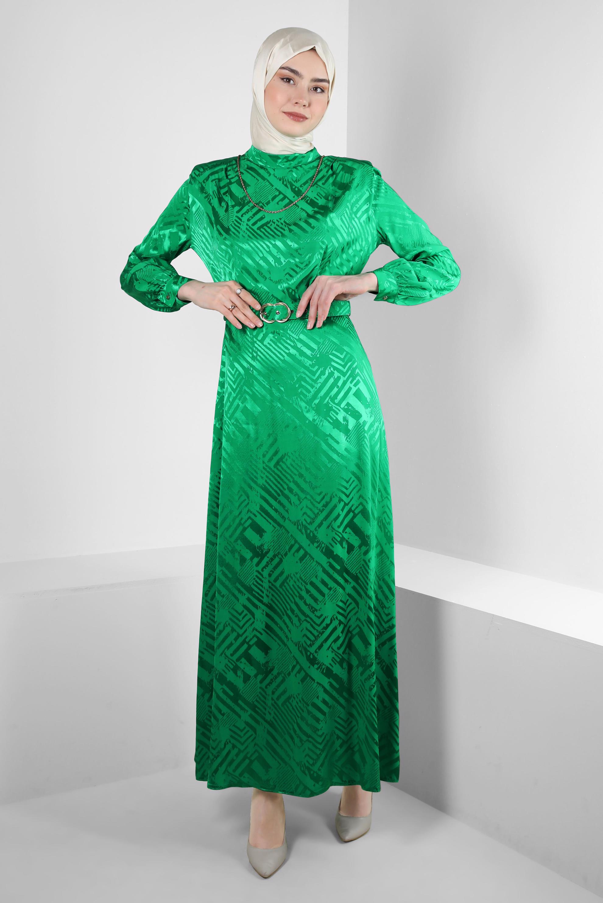 Tesettür giyim YEŞİL KEMERLİ JAKAR SATEN ELBİSE 43615