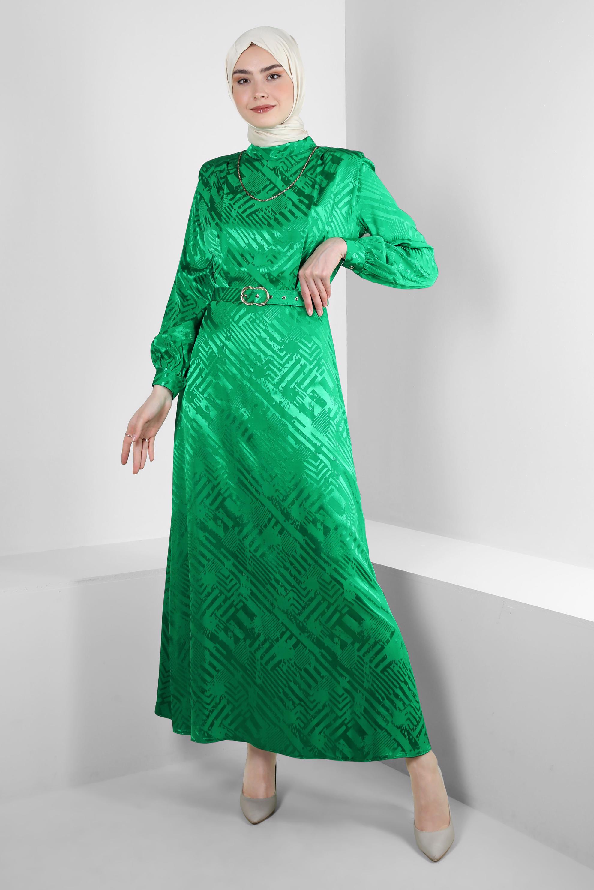 Tesettür giyim YEŞİL KEMERLİ JAKAR SATEN ELBİSE 43615