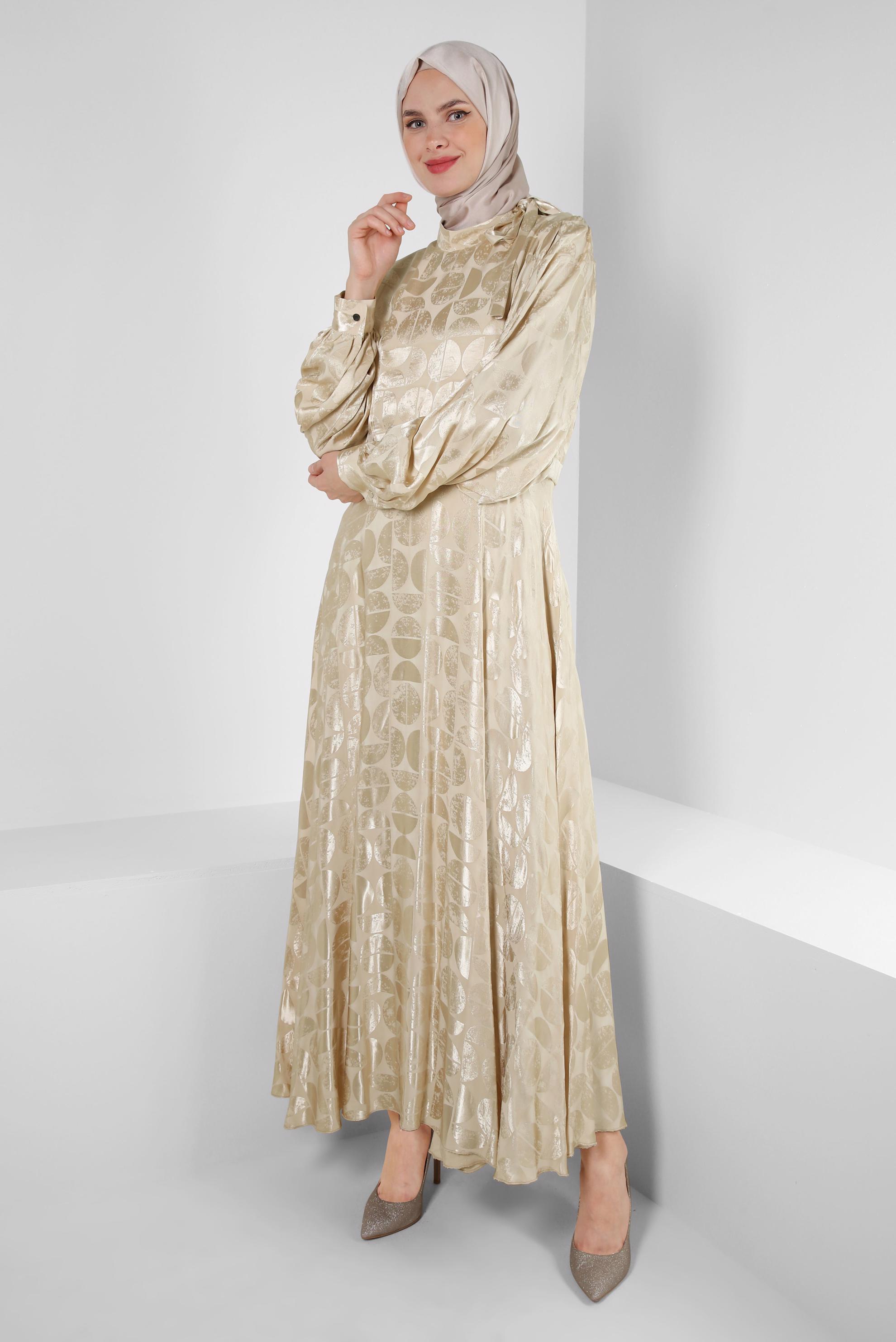 Tesettür giyim BEJ YAKASI BAĞLAMALI SATEN JAKAR ELBİSE 43616