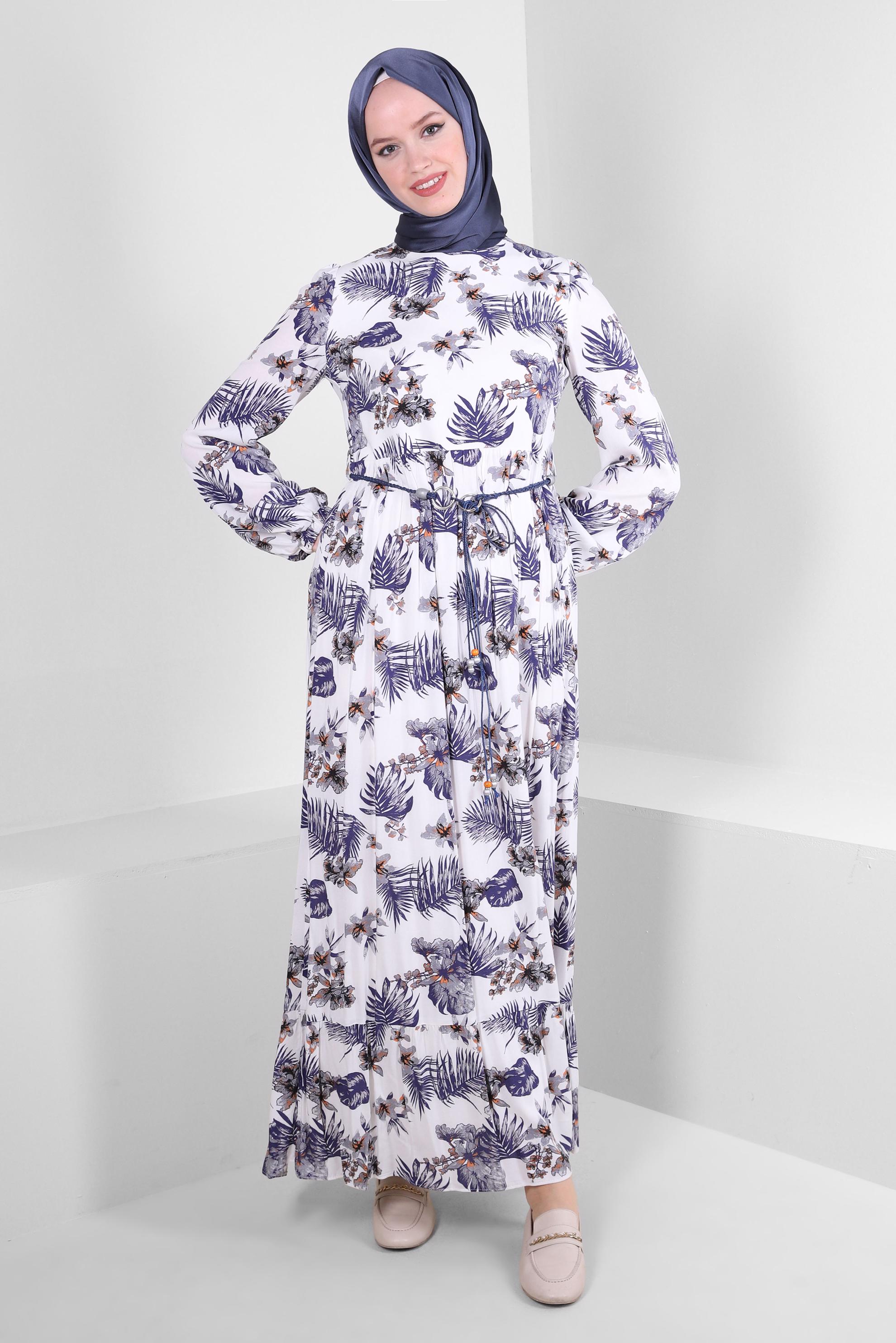 Tesettür giyim LACİVERT DESENLİ MANŞETLERİ LASTİKLİ KUŞAKLI ELBİSE 43617 