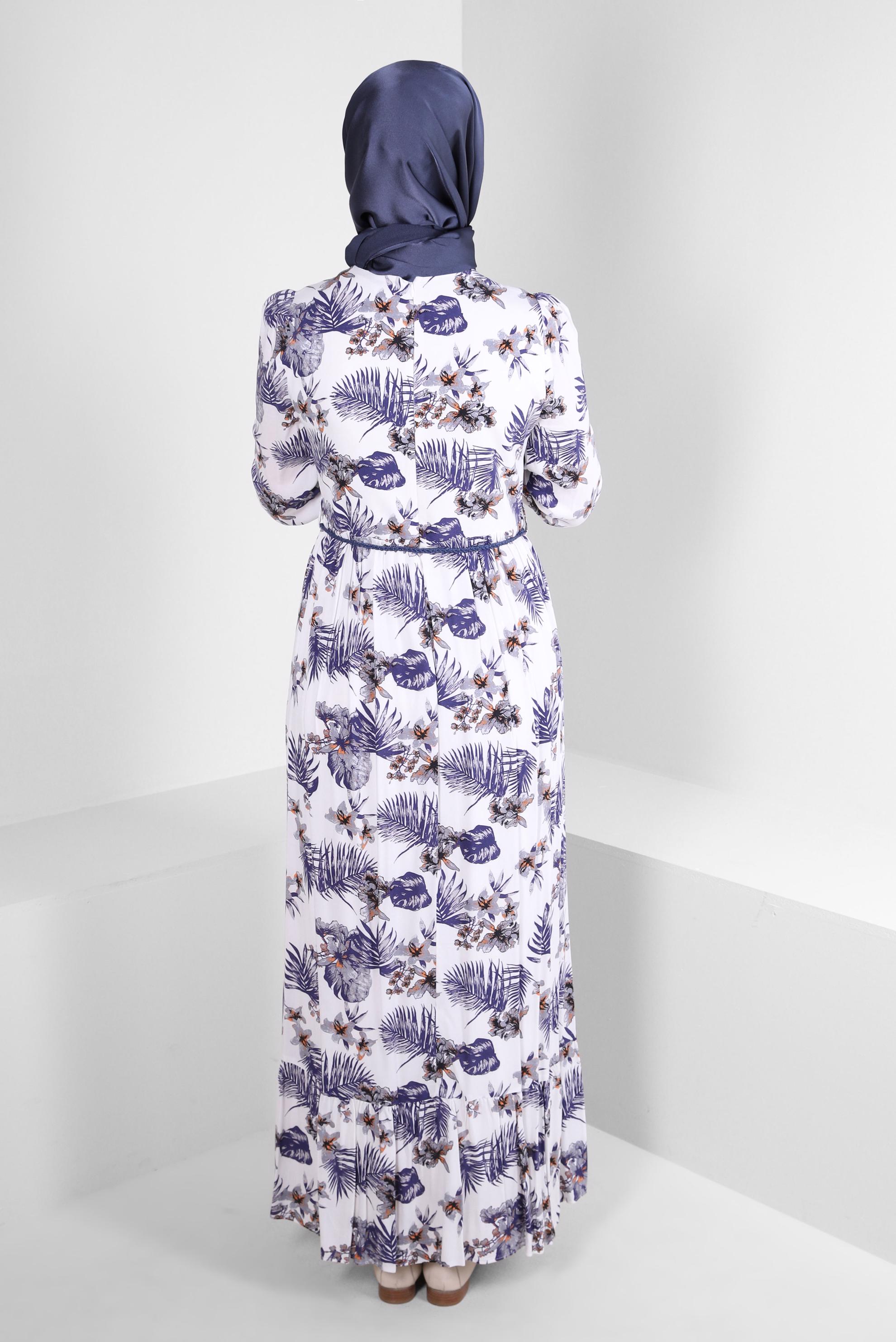 Tesettür giyim LACİVERT DESENLİ MANŞETLERİ LASTİKLİ KUŞAKLI ELBİSE 43617 