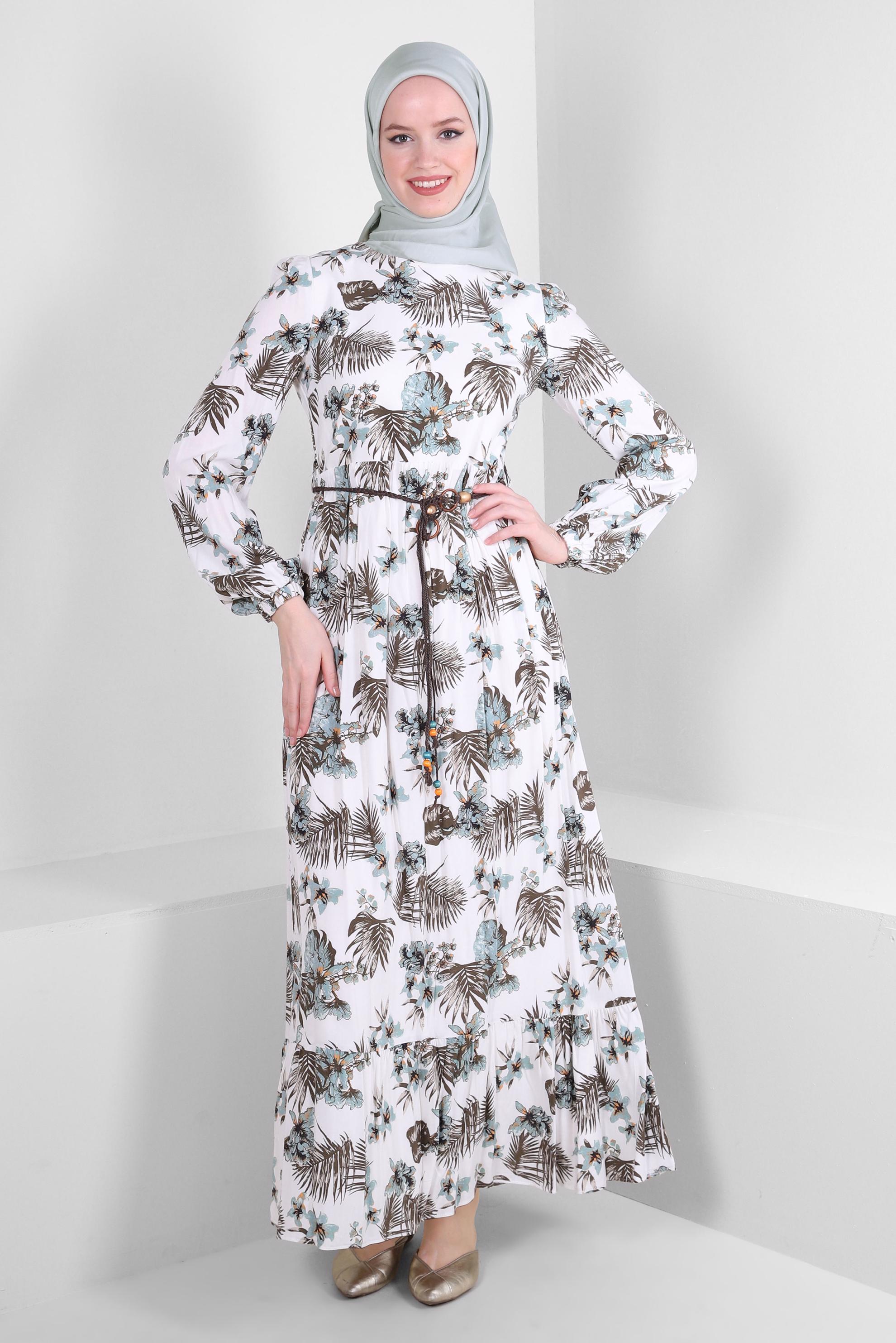 Tesettür giyim MAVİ DESENLİ MANŞETLERİ LASTİKLİ KUŞAKLI ELBİSE 43617 