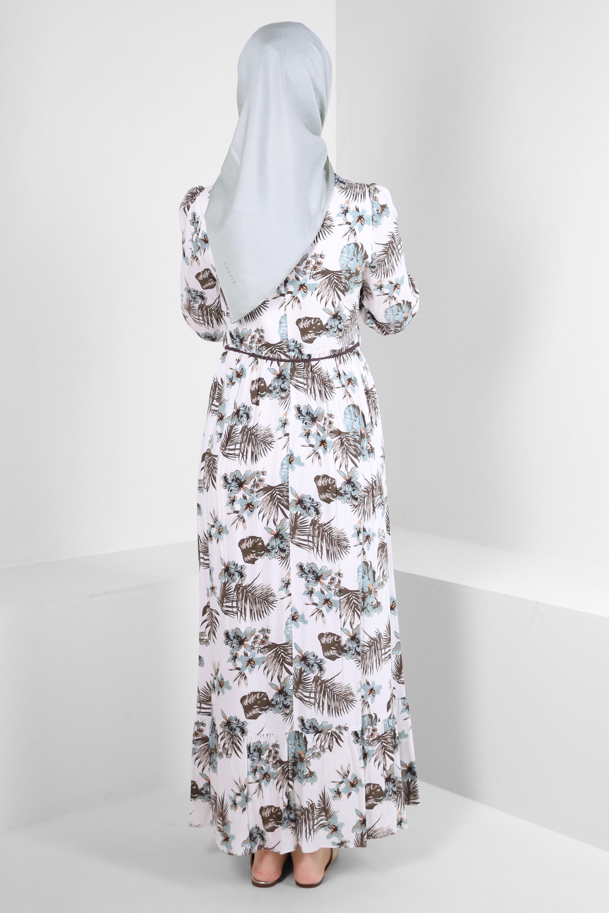 Tesettür giyim MAVİ DESENLİ MANŞETLERİ LASTİKLİ KUŞAKLI ELBİSE 43617 