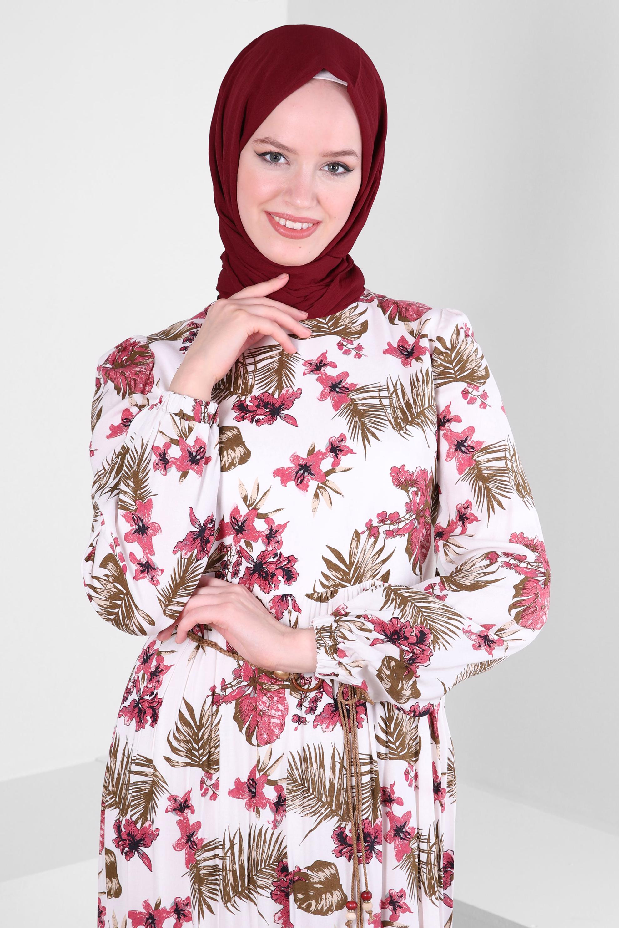 Tesettür giyim PEMBE DESENLİ MANŞETLERİ LASTİKLİ KUŞAKLI ELBİSE 43617 