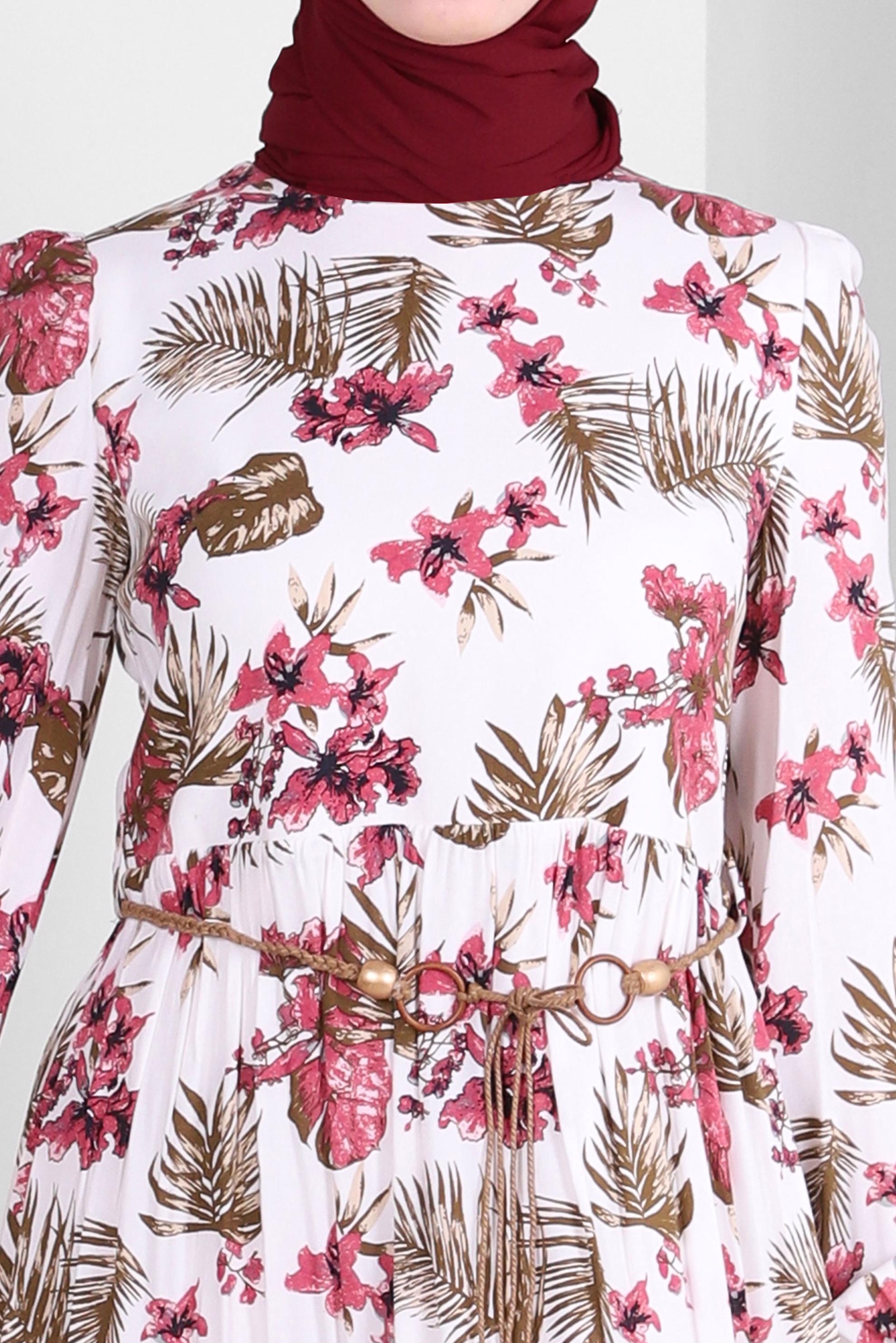 Tesettür giyim PEMBE DESENLİ MANŞETLERİ LASTİKLİ KUŞAKLI ELBİSE 43617 