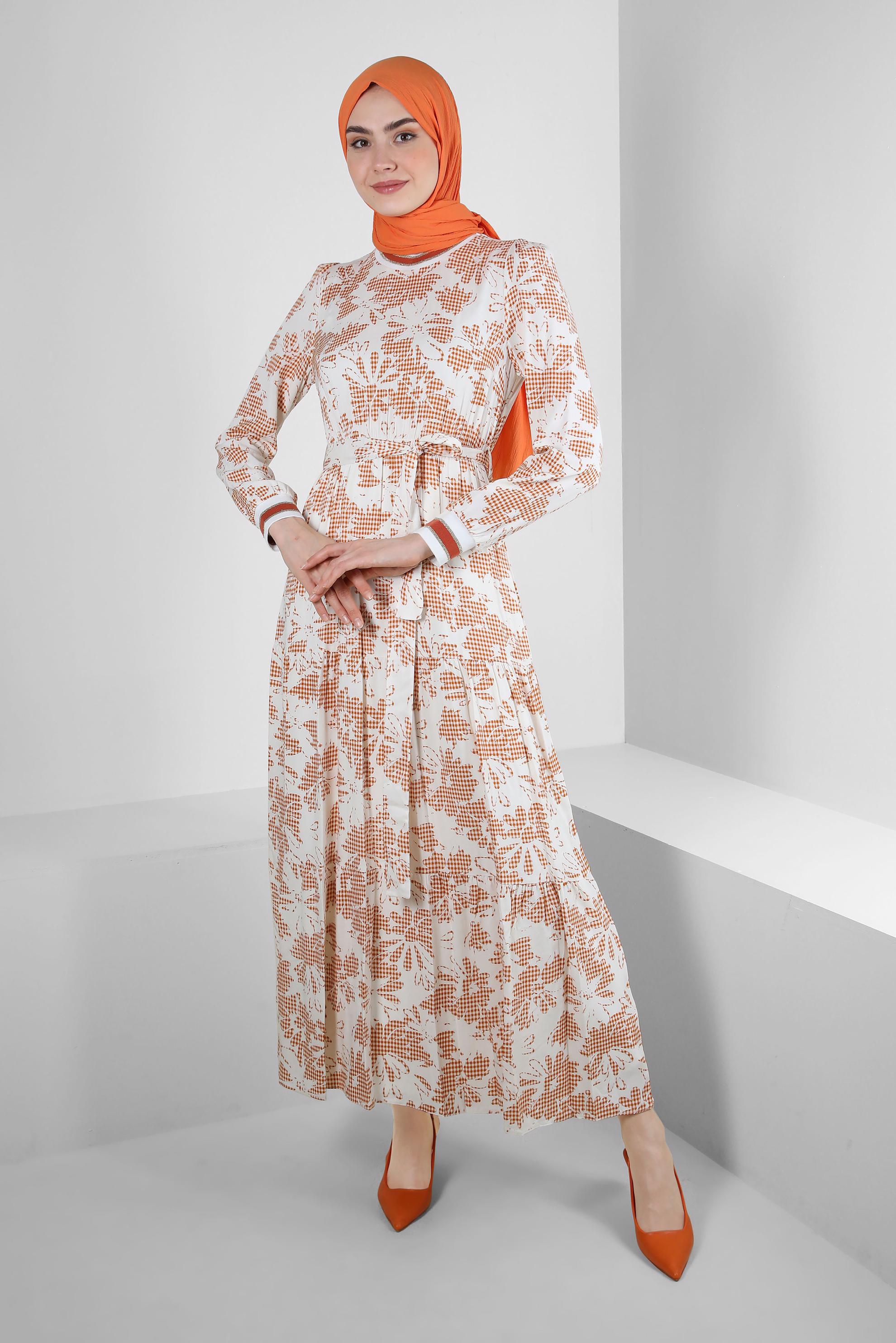 Tesettür giyim TURUNCU DESENLİ ŞERİT DETAYLI KUŞAKLI ELBİSE 43630