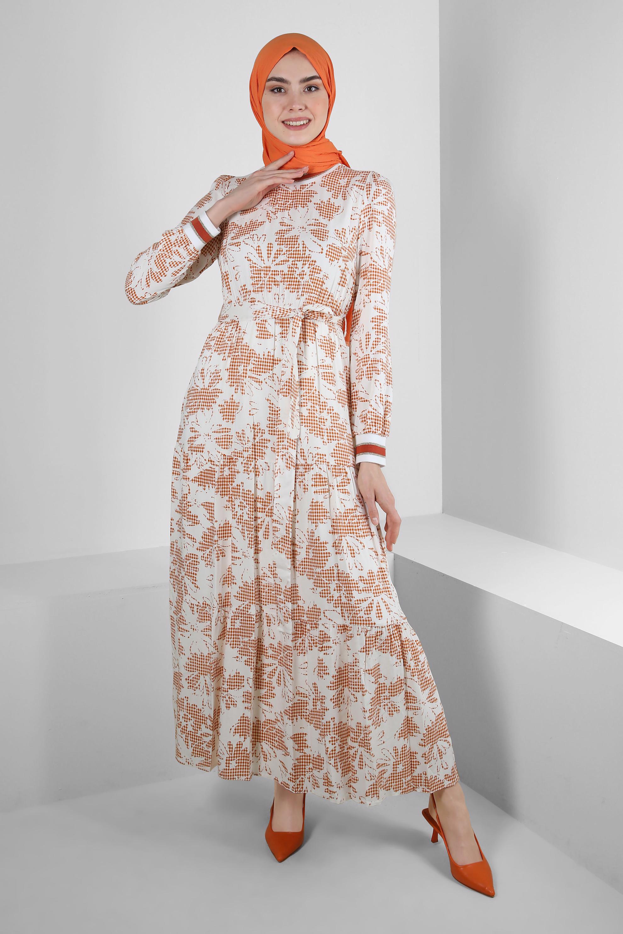 Tesettür giyim TURUNCU DESENLİ ŞERİT DETAYLI KUŞAKLI ELBİSE 43630