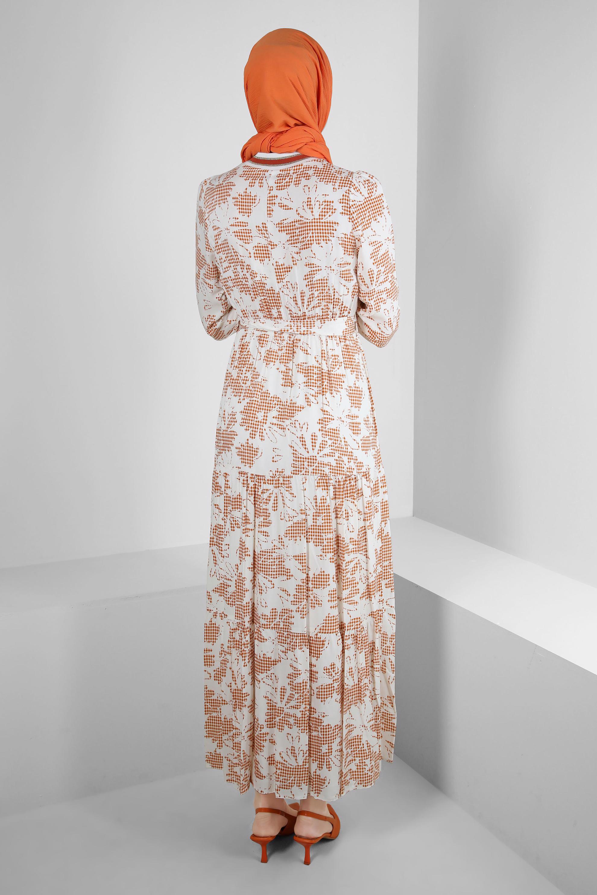 Tesettür giyim TURUNCU DESENLİ ŞERİT DETAYLI KUŞAKLI ELBİSE 43630