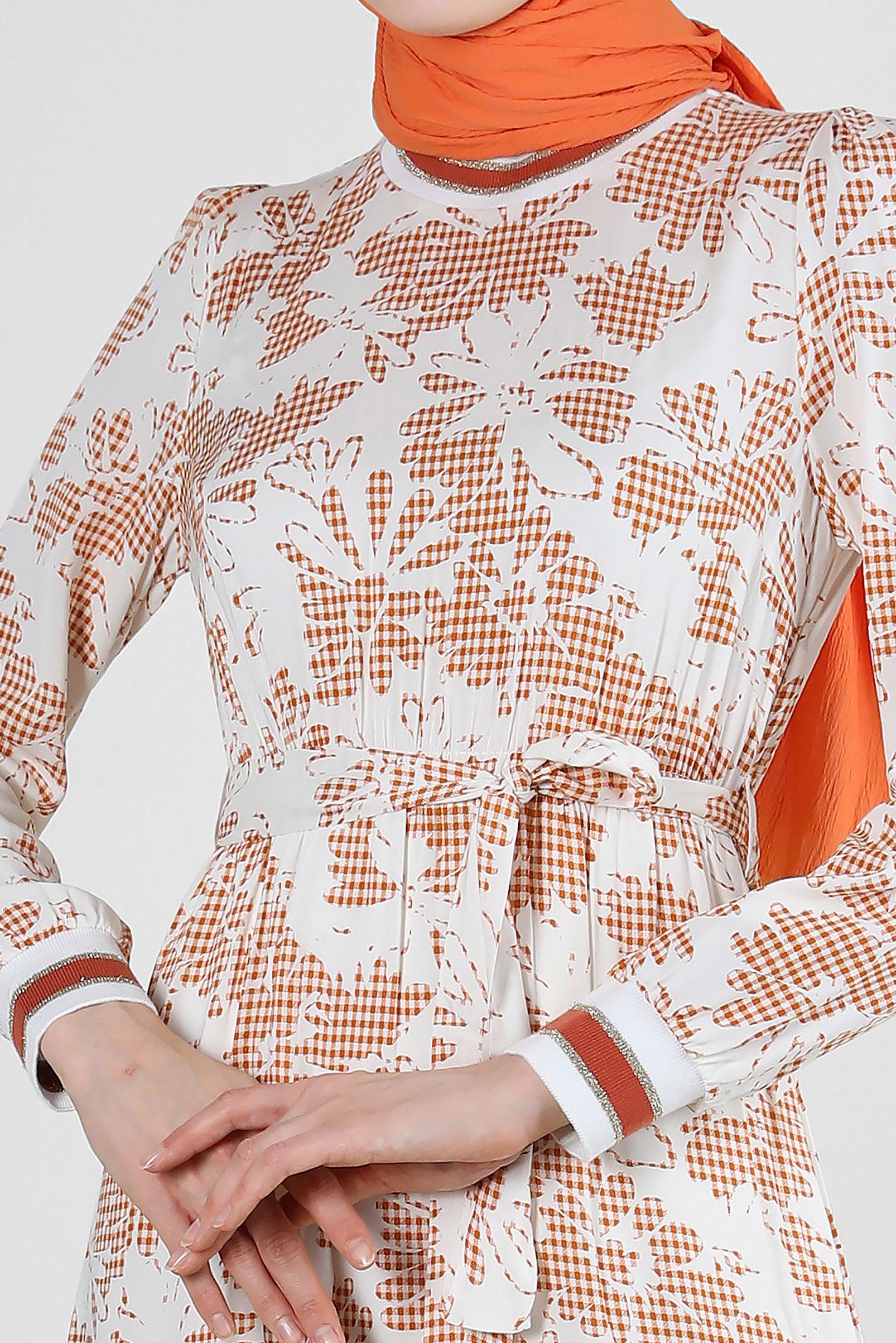 Tesettür giyim TURUNCU DESENLİ ŞERİT DETAYLI KUŞAKLI ELBİSE 43630