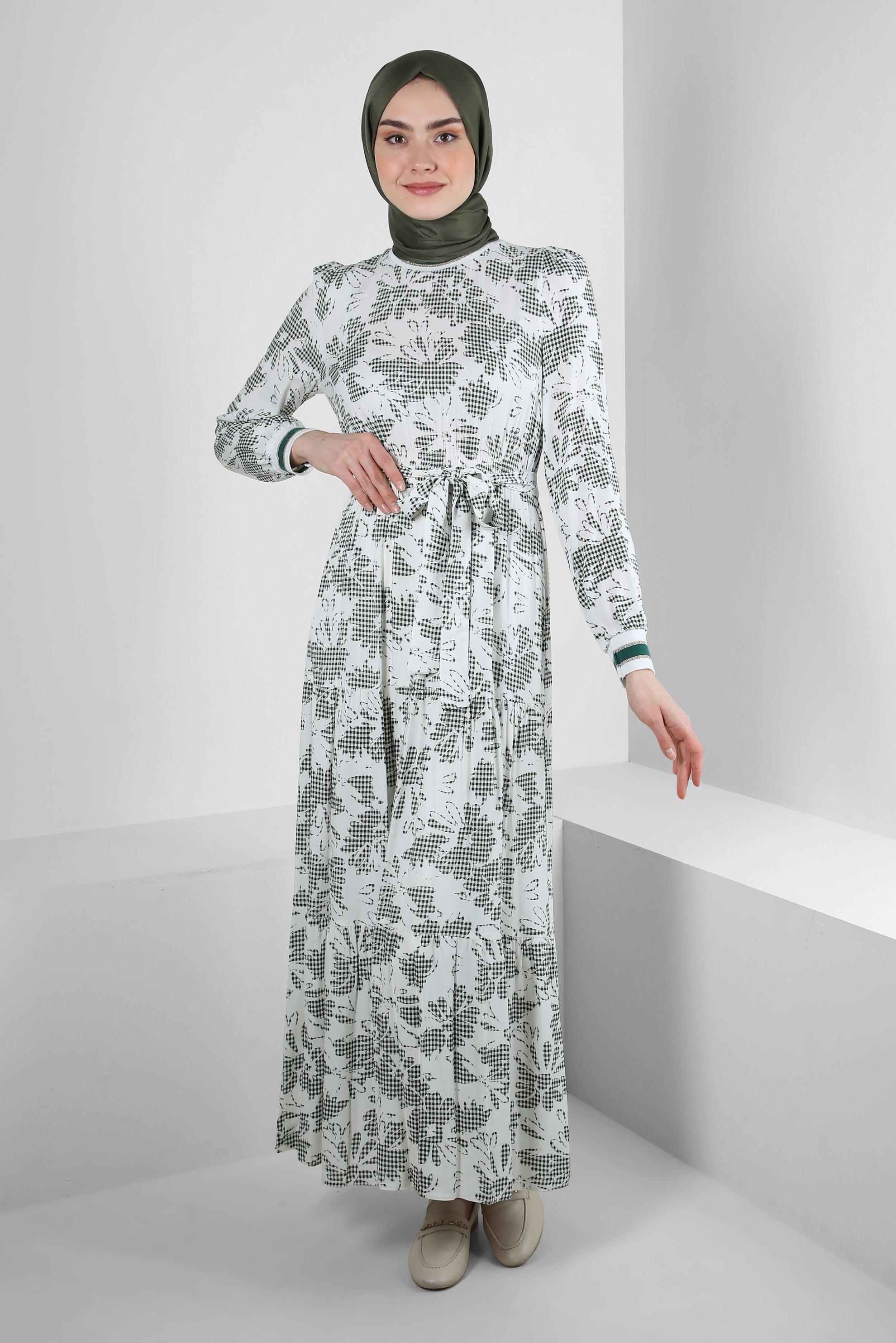 Tesettür giyim HAKİ DESENLİ ŞERİT DETAYLI KUŞAKLI ELBİSE 43630