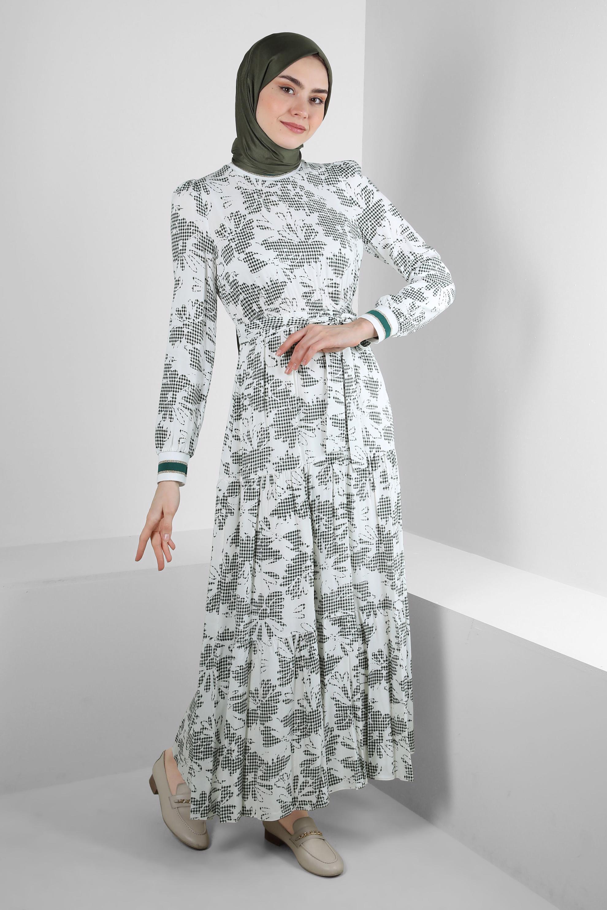 Tesettür giyim HAKİ DESENLİ ŞERİT DETAYLI KUŞAKLI ELBİSE 43630