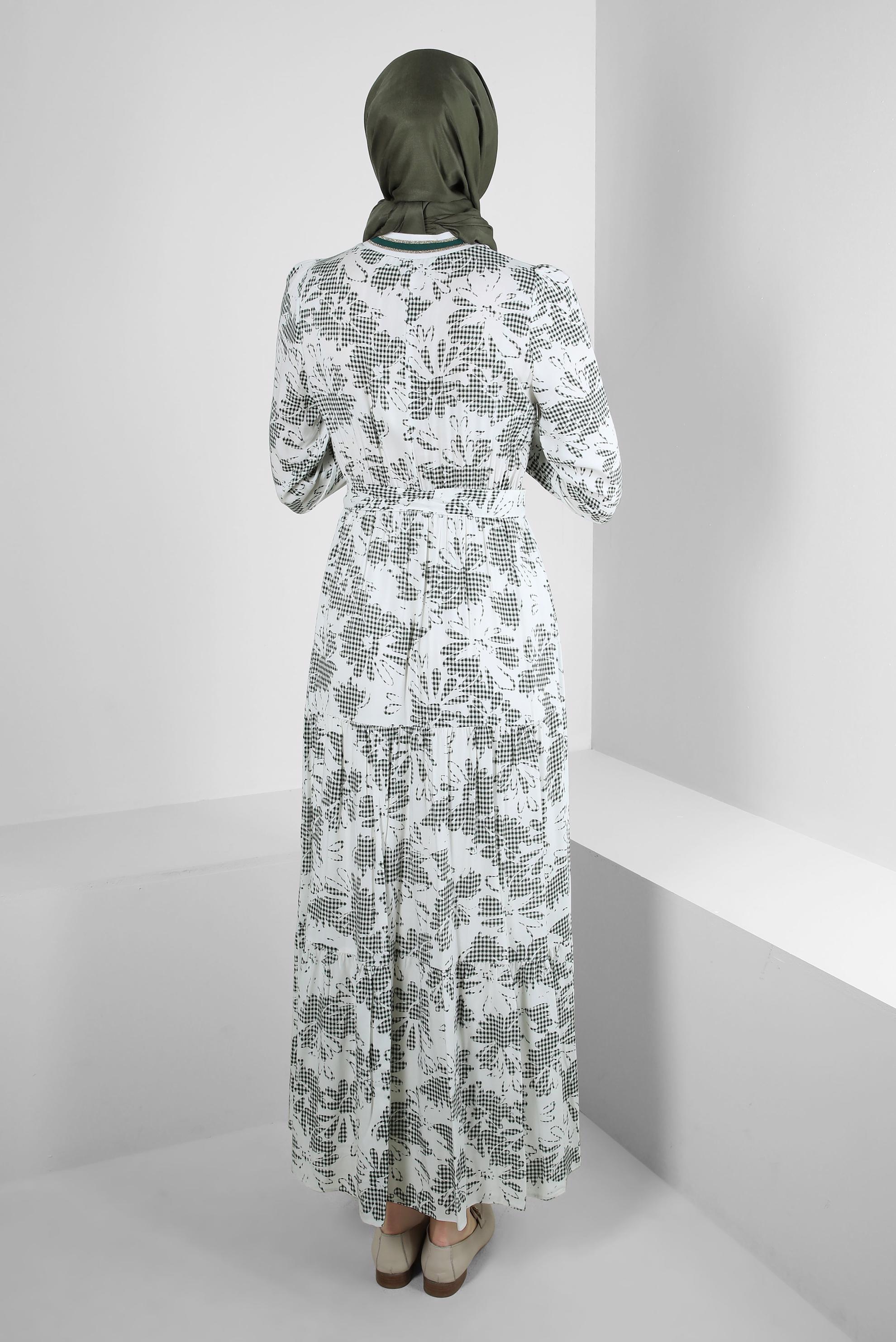 Tesettür giyim HAKİ DESENLİ ŞERİT DETAYLI KUŞAKLI ELBİSE 43630