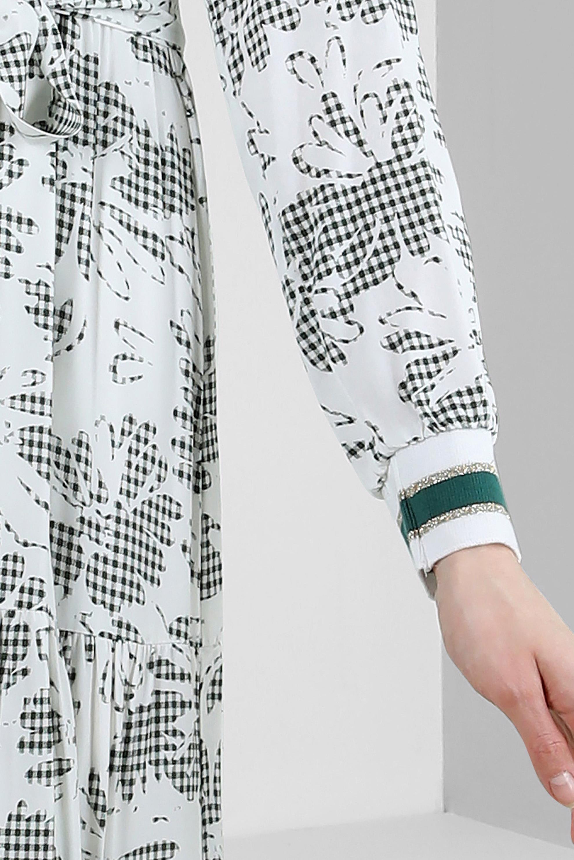 Tesettür giyim HAKİ DESENLİ ŞERİT DETAYLI KUŞAKLI ELBİSE 43630