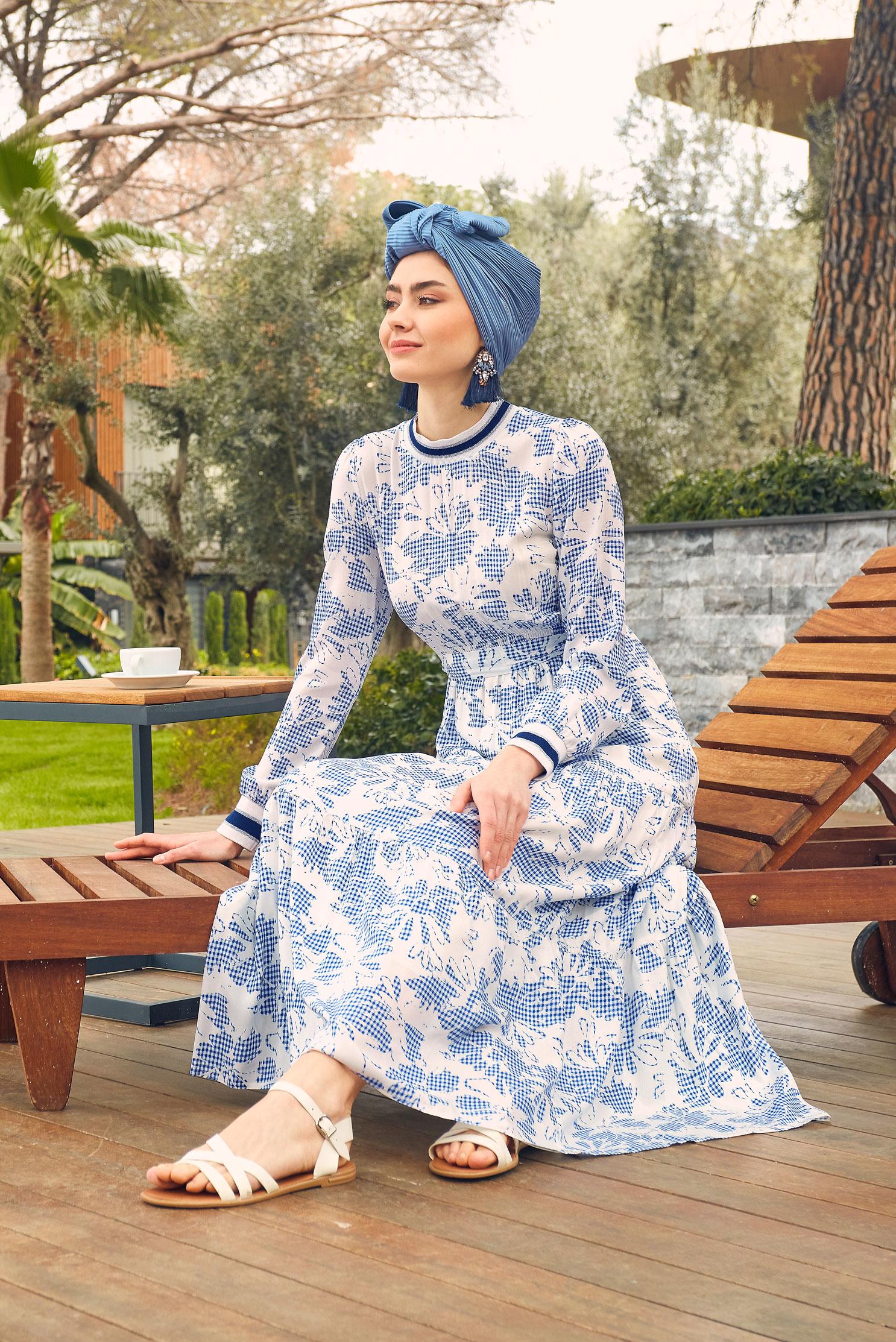 Tesettür giyim LACİVERT DESENLİ ŞERİT DETAYLI KUŞAKLI ELBİSE 43630