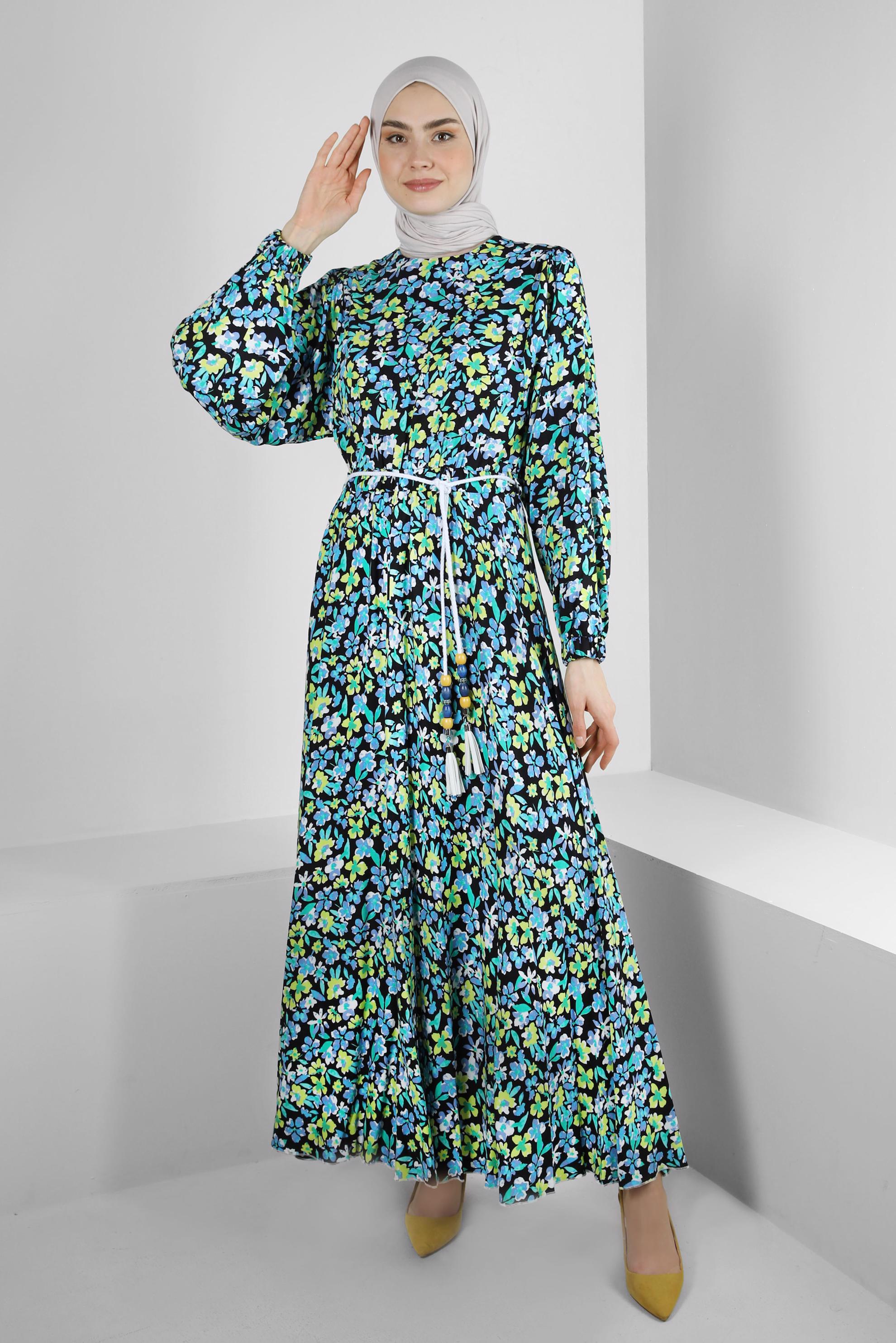 Tesettür giyim MAVİ ÇİÇEK DESENLİ PİLİSELİ ELBİSE 43649