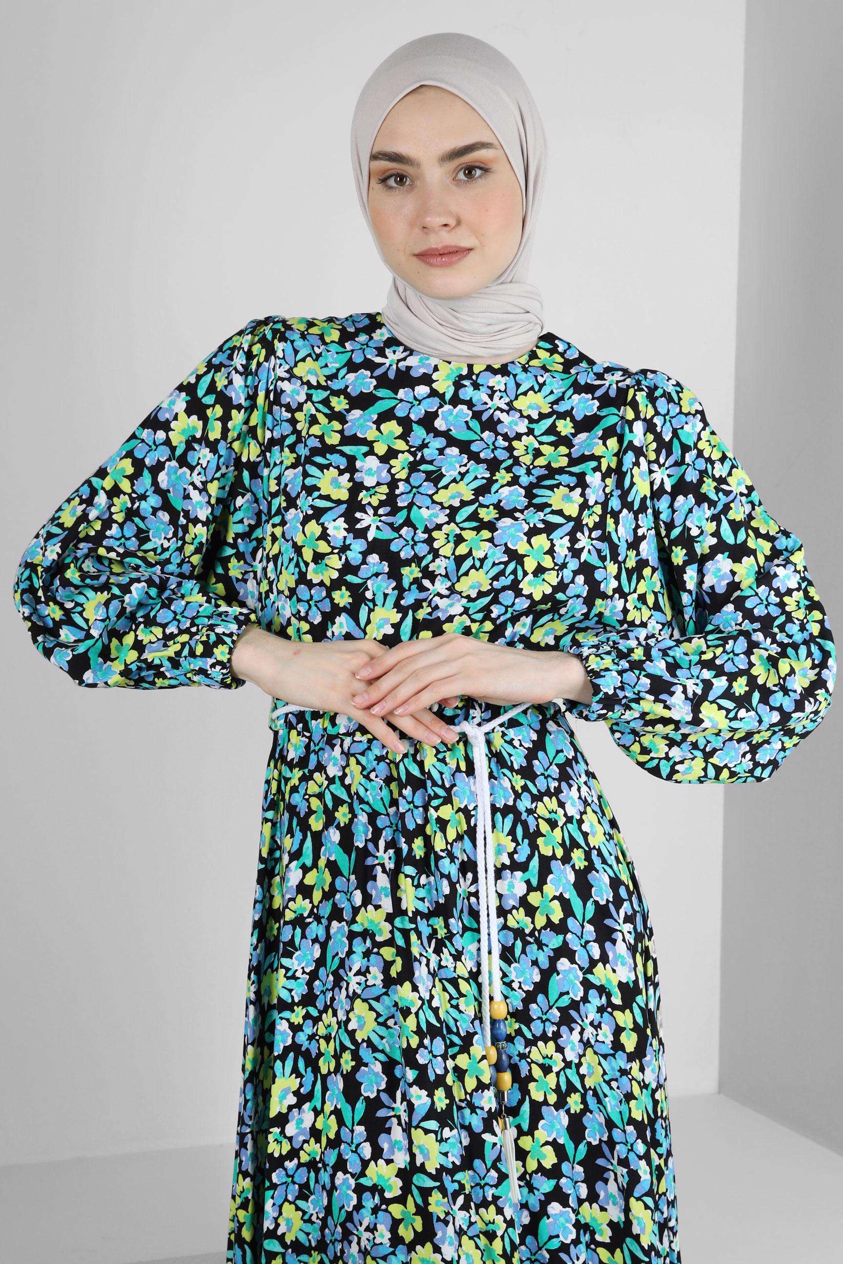 Tesettür giyim MAVİ ÇİÇEK DESENLİ PİLİSELİ ELBİSE 43649