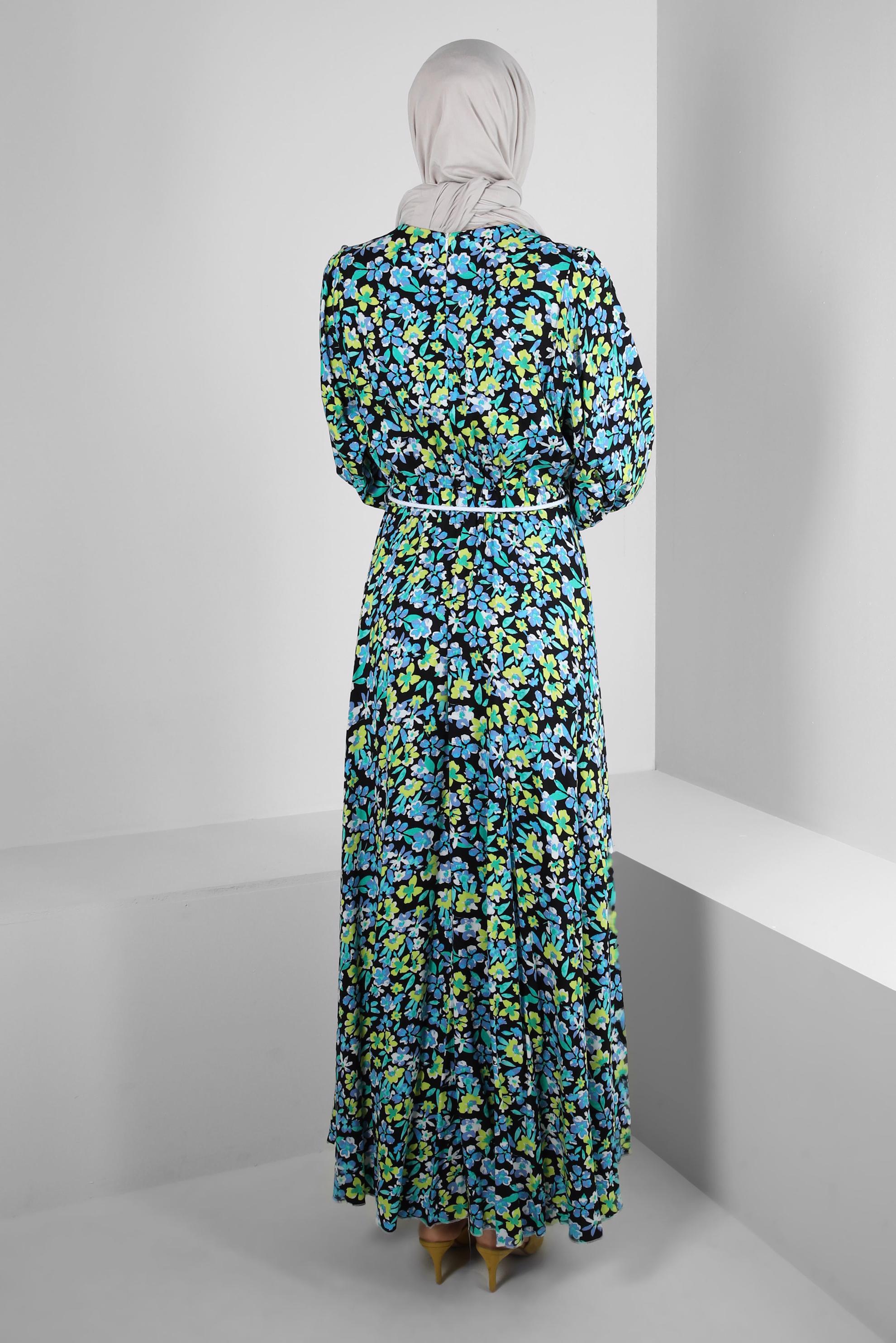 Tesettür giyim MAVİ ÇİÇEK DESENLİ PİLİSELİ ELBİSE 43649